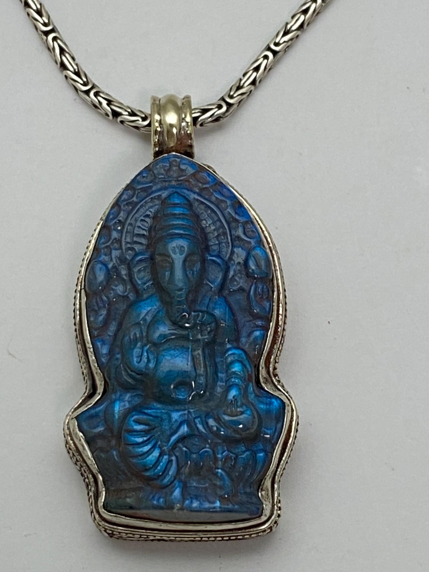 Labradorite carved Ganesh pendant, handcrafted, Tibetan silver, Nepalese