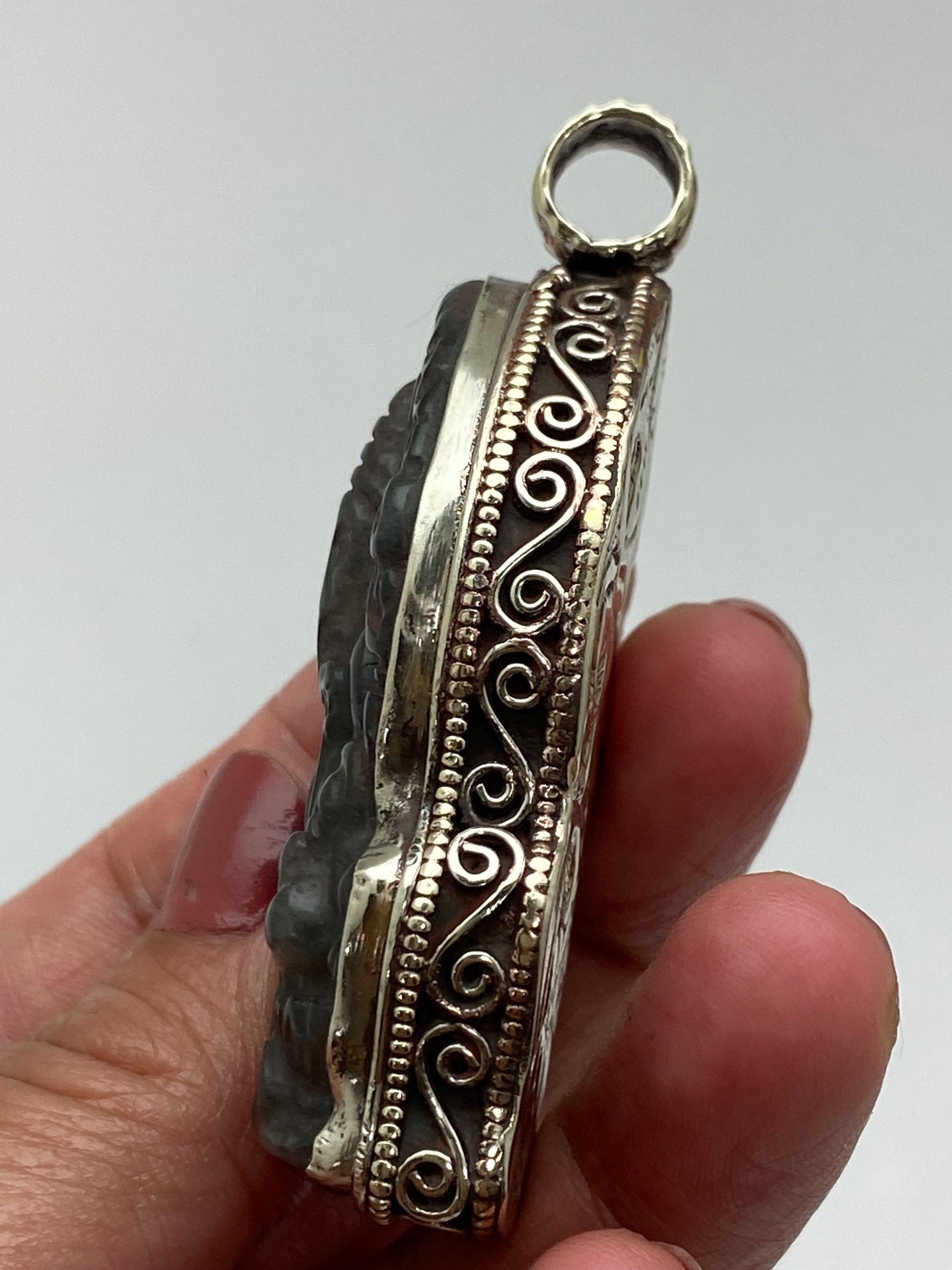 Labradorite carved Ganesh pendant, handcrafted, Tibetan silver, Nepalese