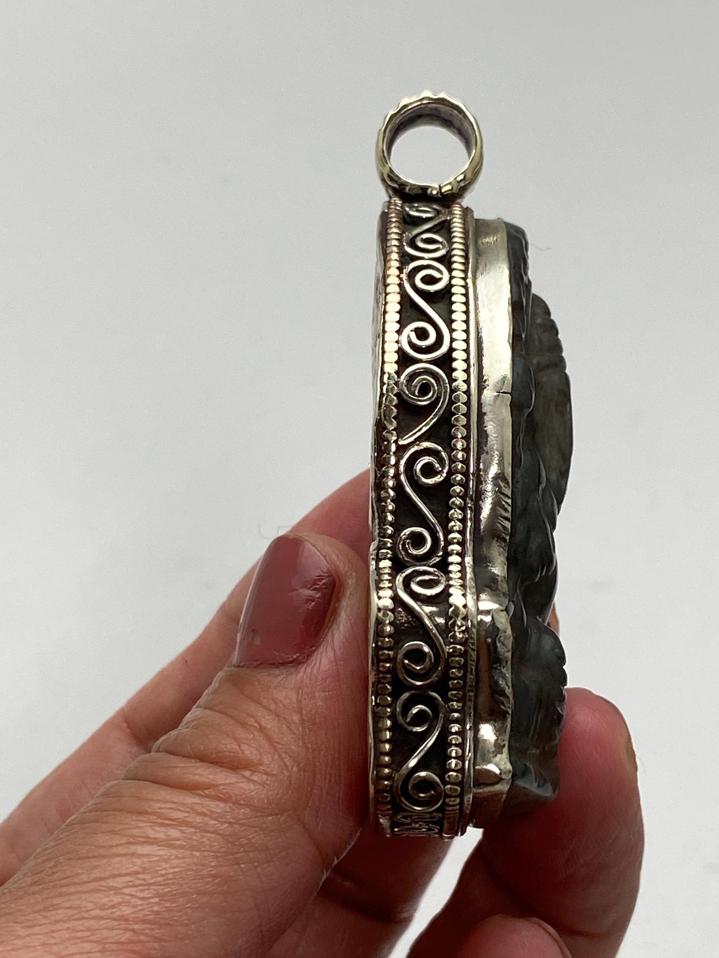 Labradorite carved Ganesh pendant, handcrafted, Tibetan silver, Nepalese