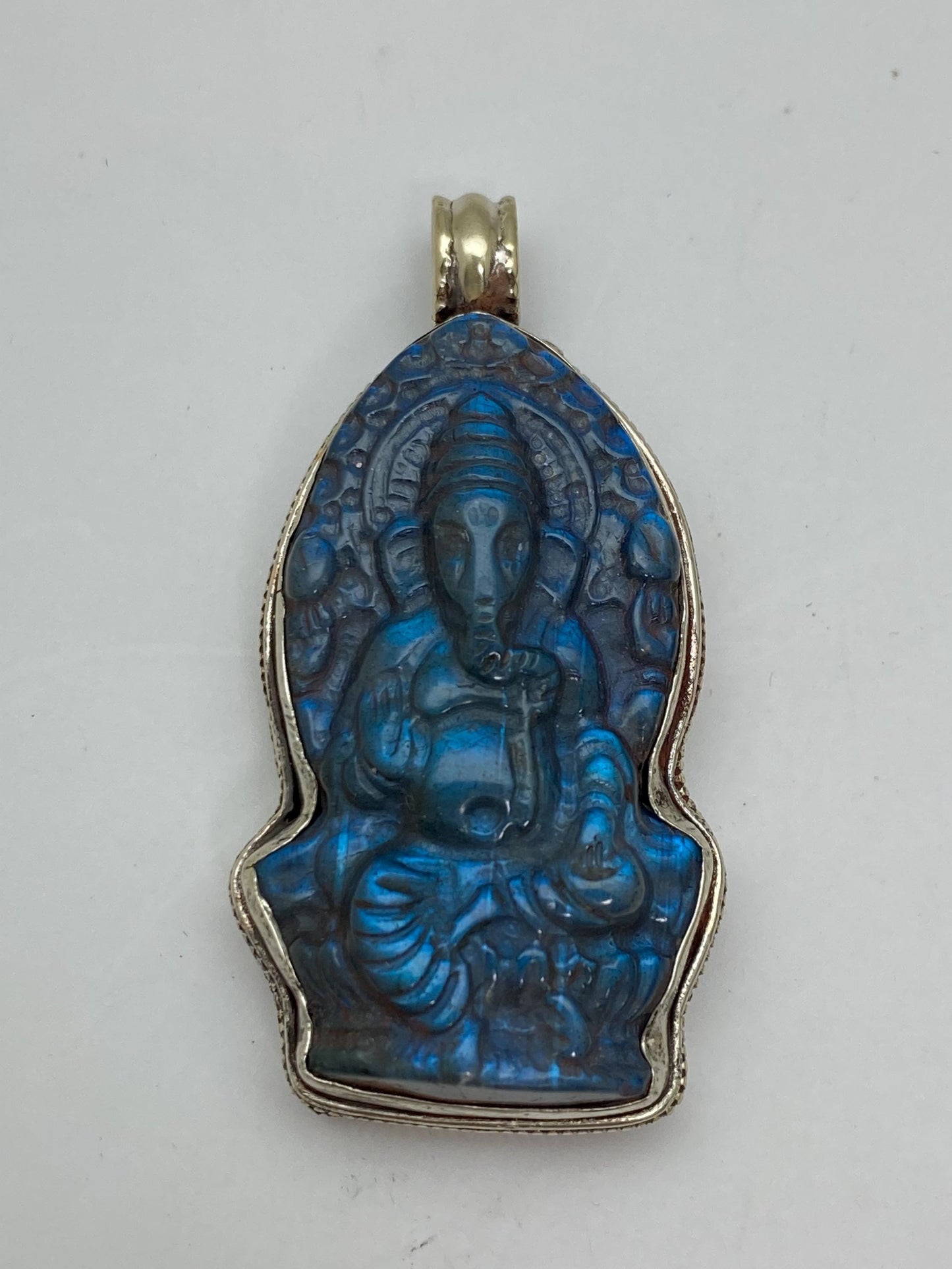 Labradorite carved Ganesh pendant, handcrafted, Tibetan silver, Nepalese