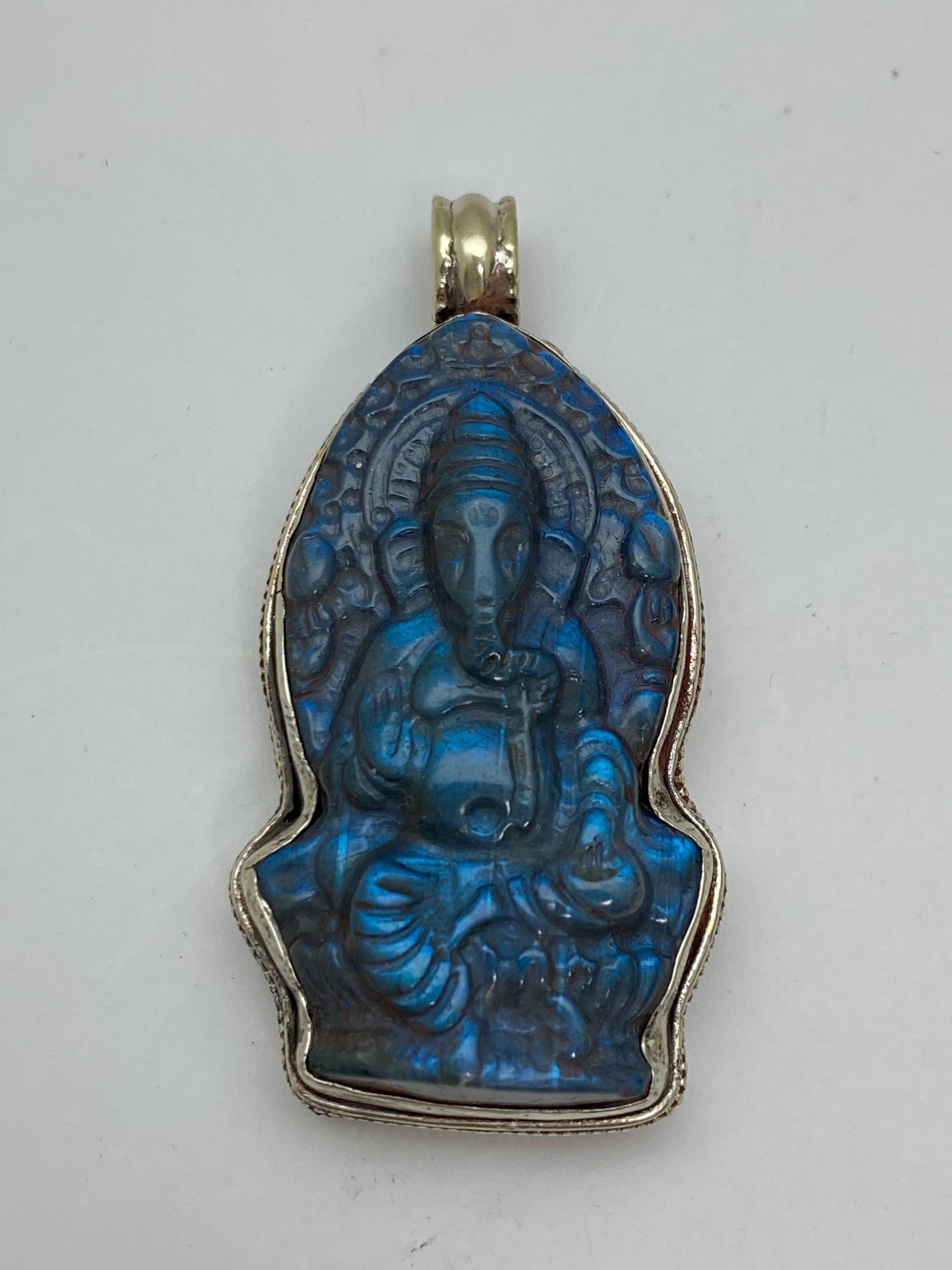 Labradorite carved Ganesh pendant, handcrafted, Tibetan silver, Nepalese