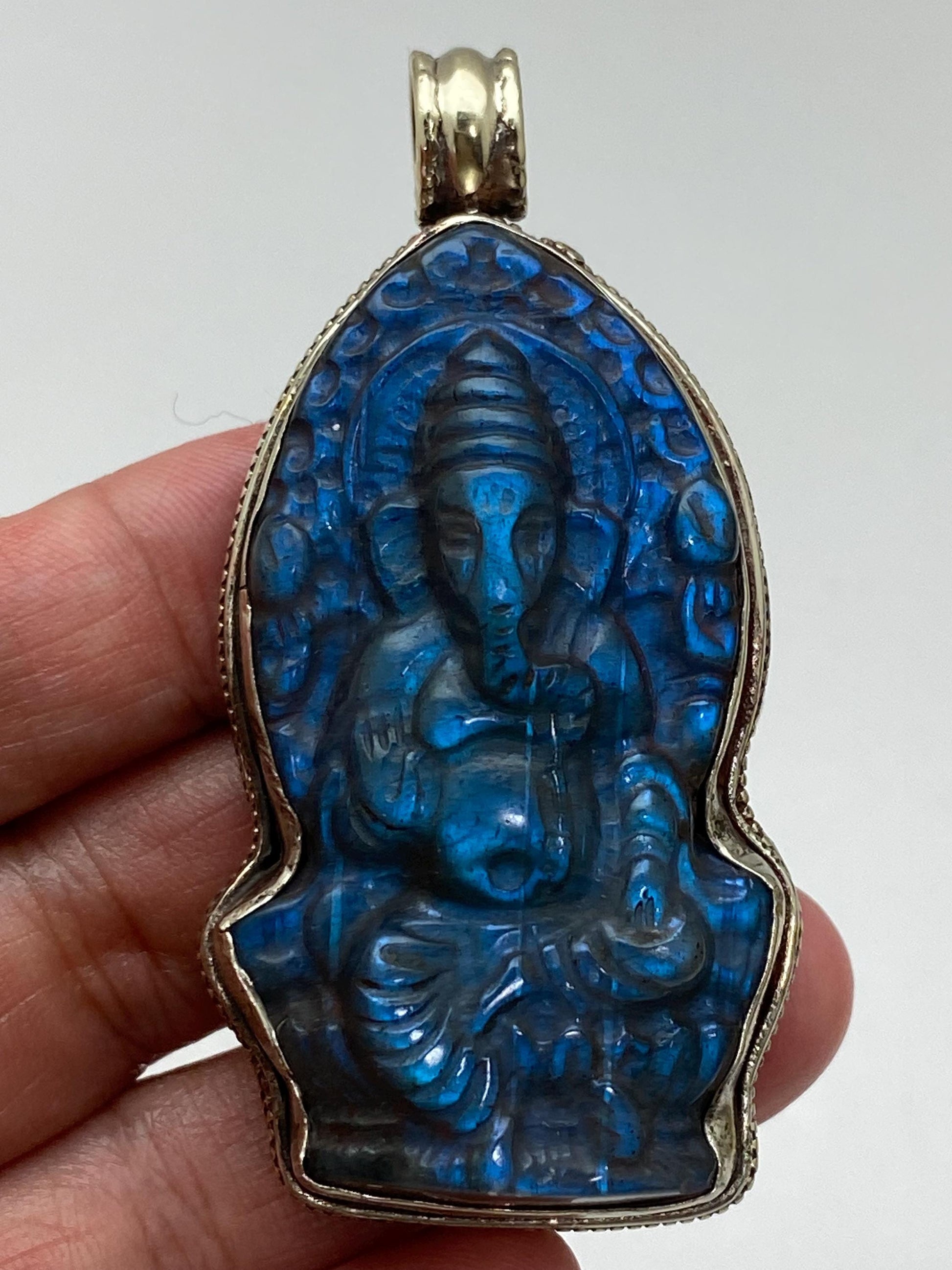Labradorite carved Ganesh pendant, handcrafted, Tibetan silver, Nepalese