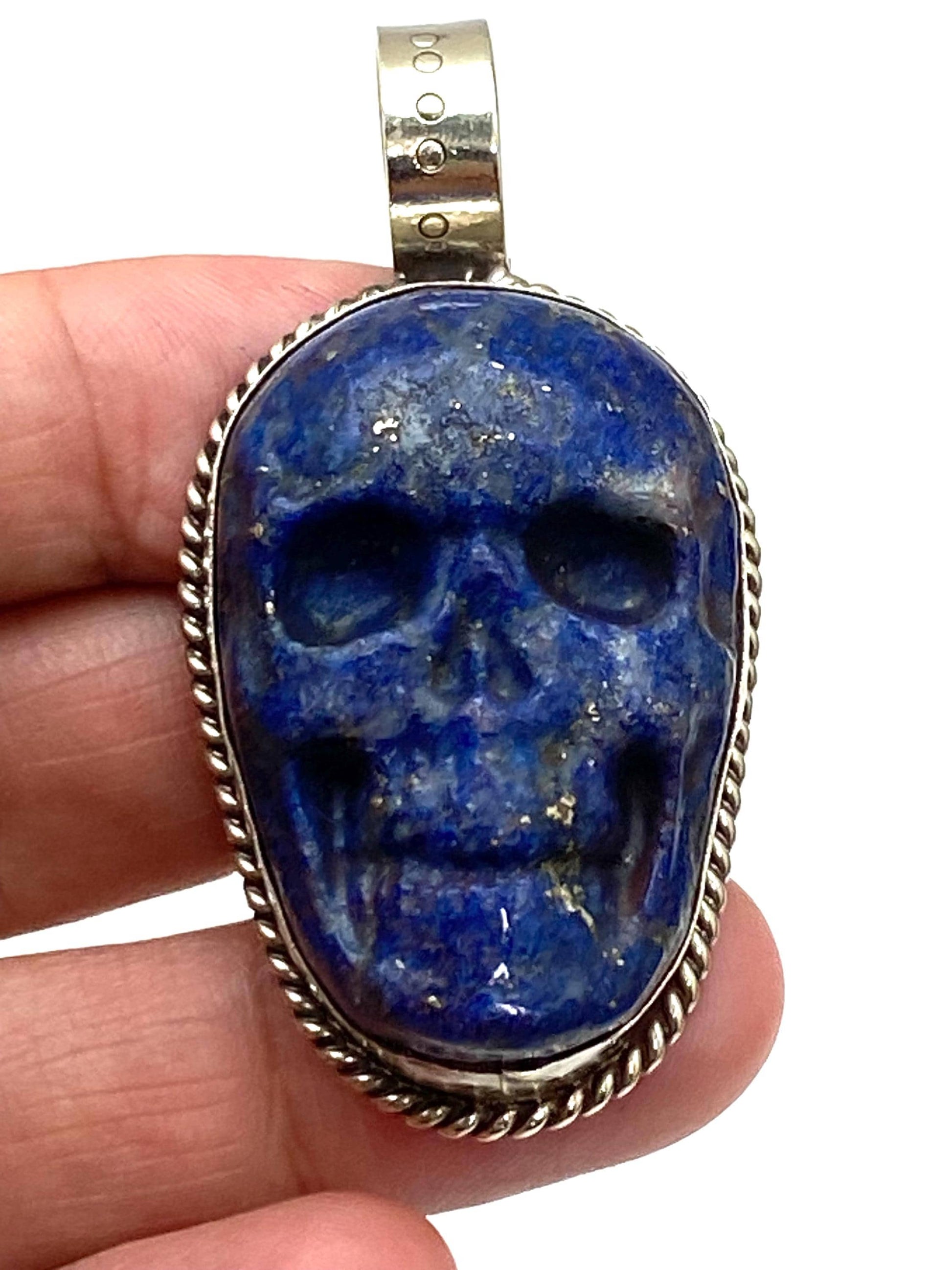 skull pendant, lapis carved, handcrafted, Tibetan silver,Nepalese