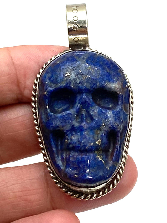 skull pendant, lapis carved, handcrafted, Tibetan silver,Nepalese