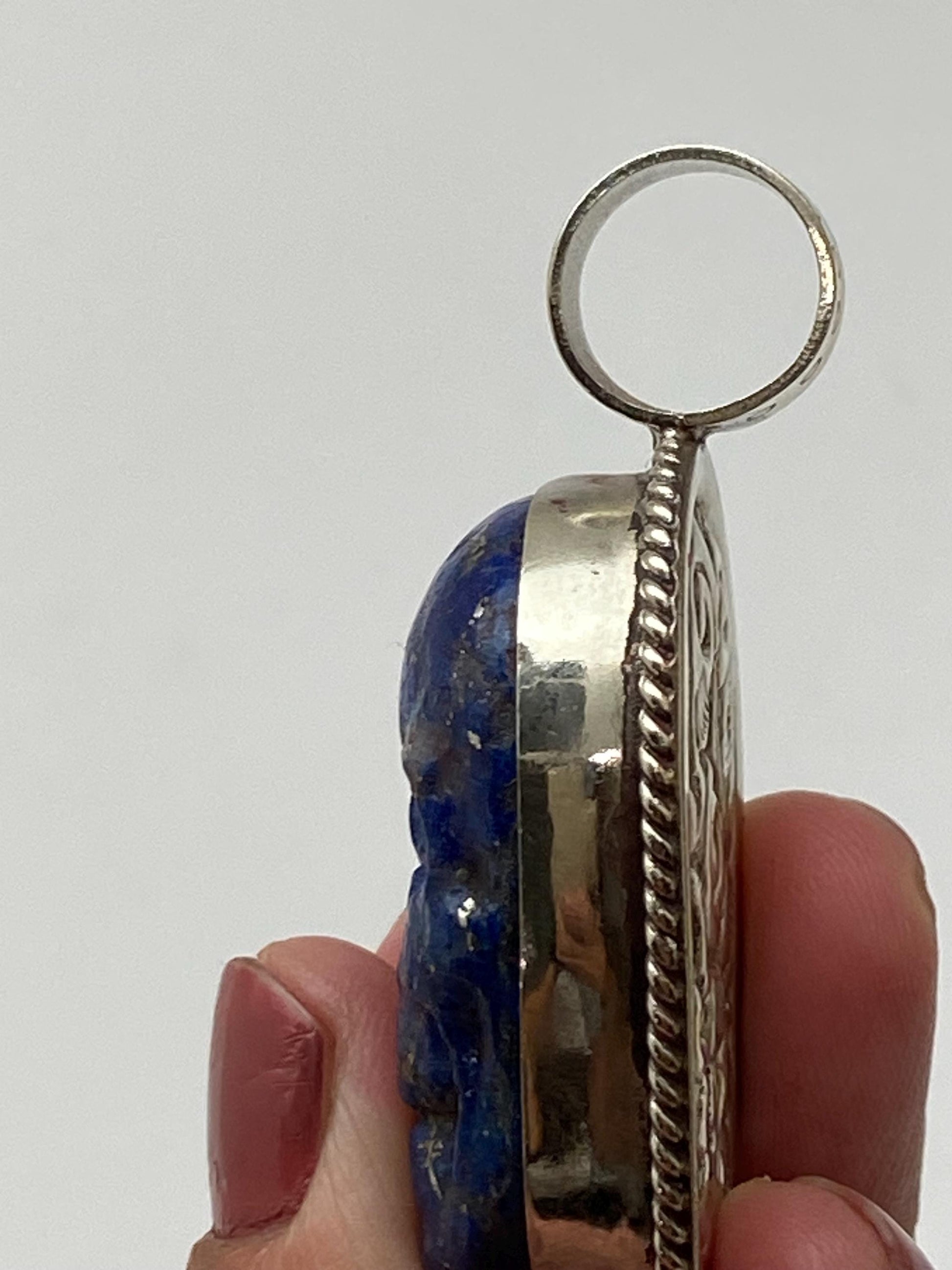 skull pendant, lapis carved, handcrafted, Tibetan silver,Nepalese