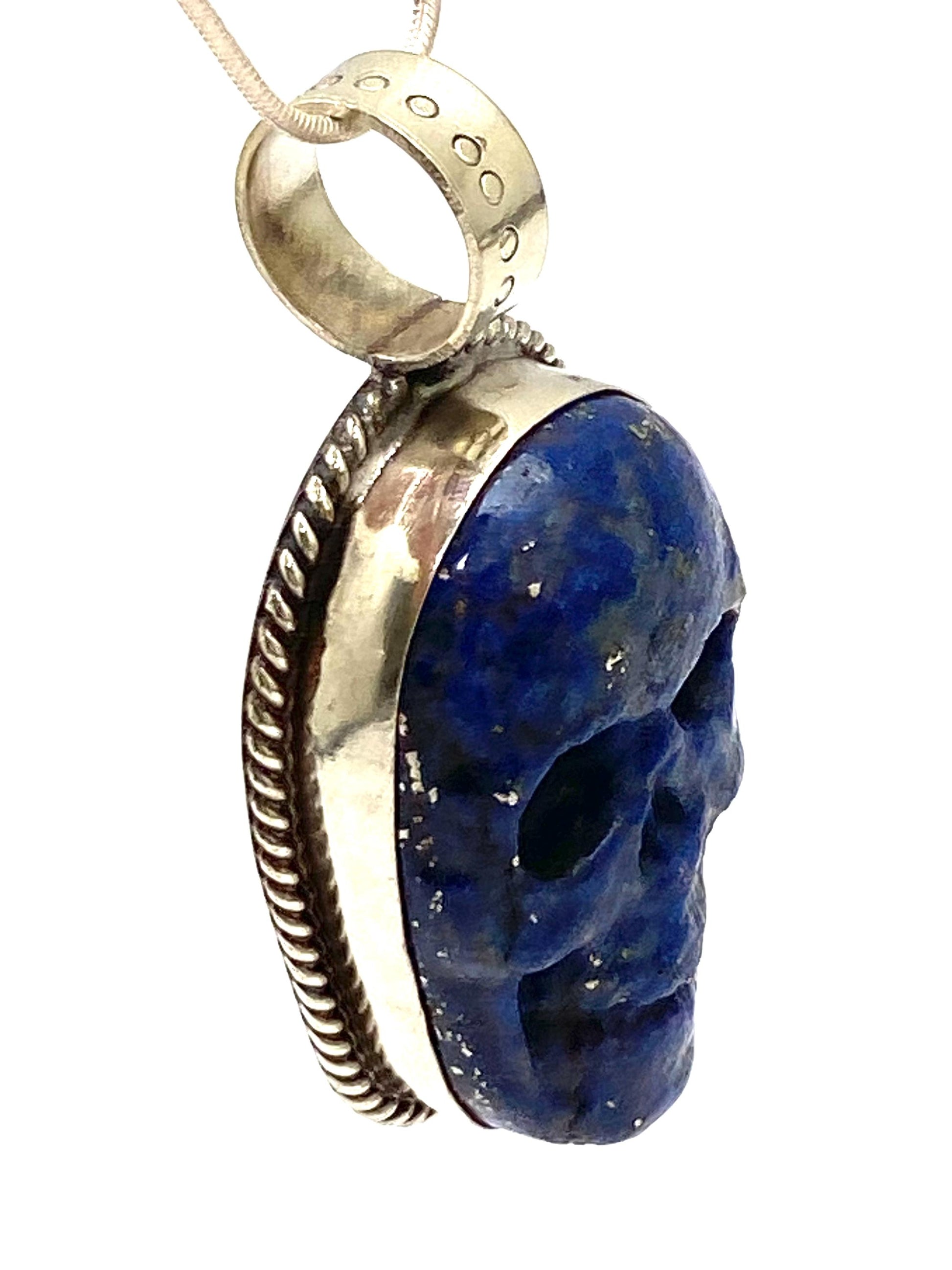 skull pendant, lapis carved, handcrafted, Tibetan silver,Nepalese