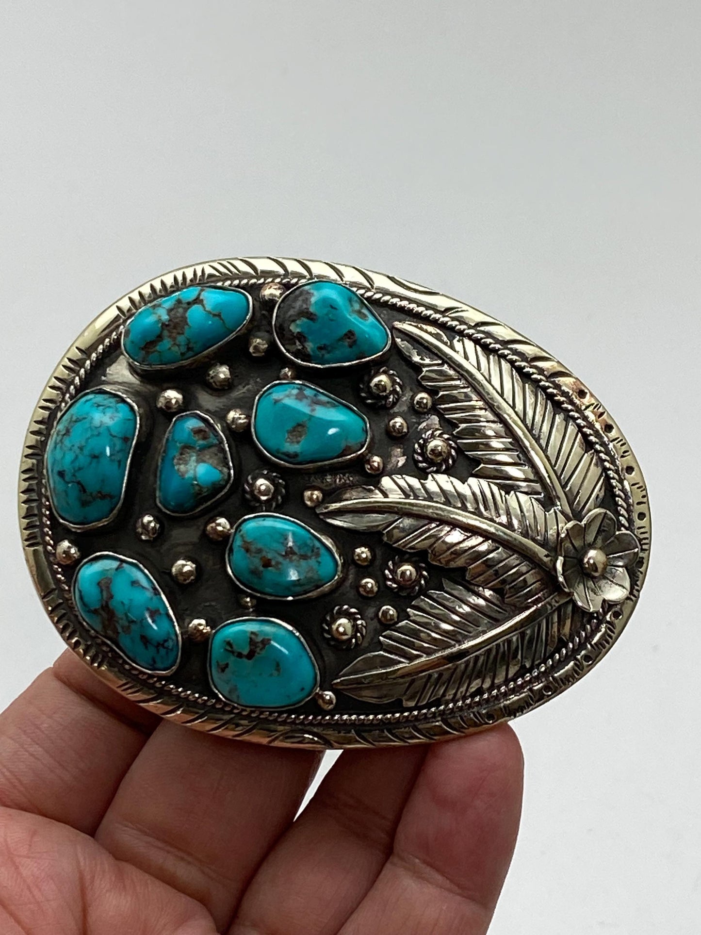 Buckle, belt buckle, handcrafted, Tibetan silver, turquoise,floral,Nepalese