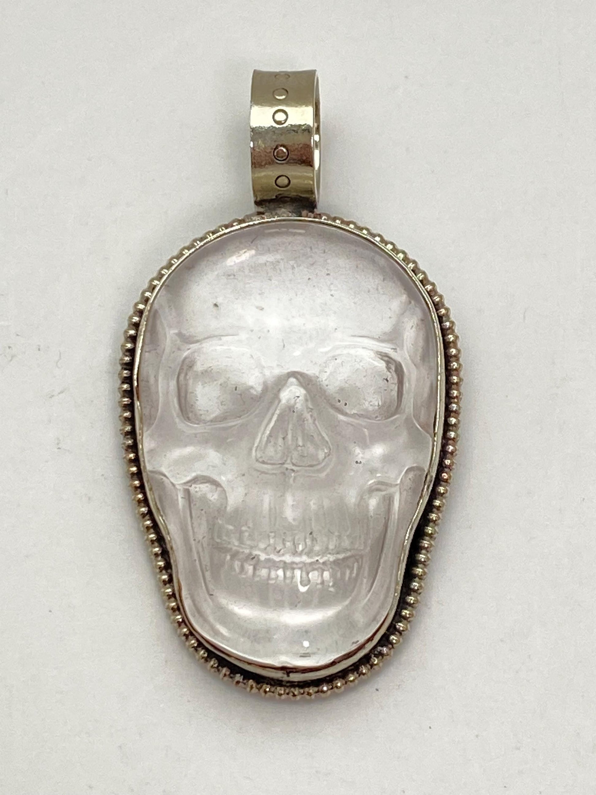 Quartz crystal carved skull pendant, handcrafted, Tibetan silver, Nepalese