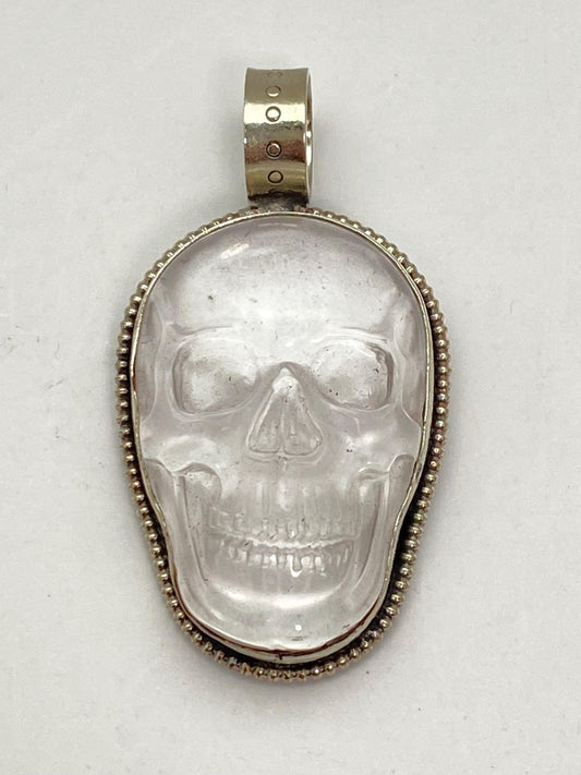 Quartz crystal carved skull pendant, handcrafted, Tibetan silver, Nepalese