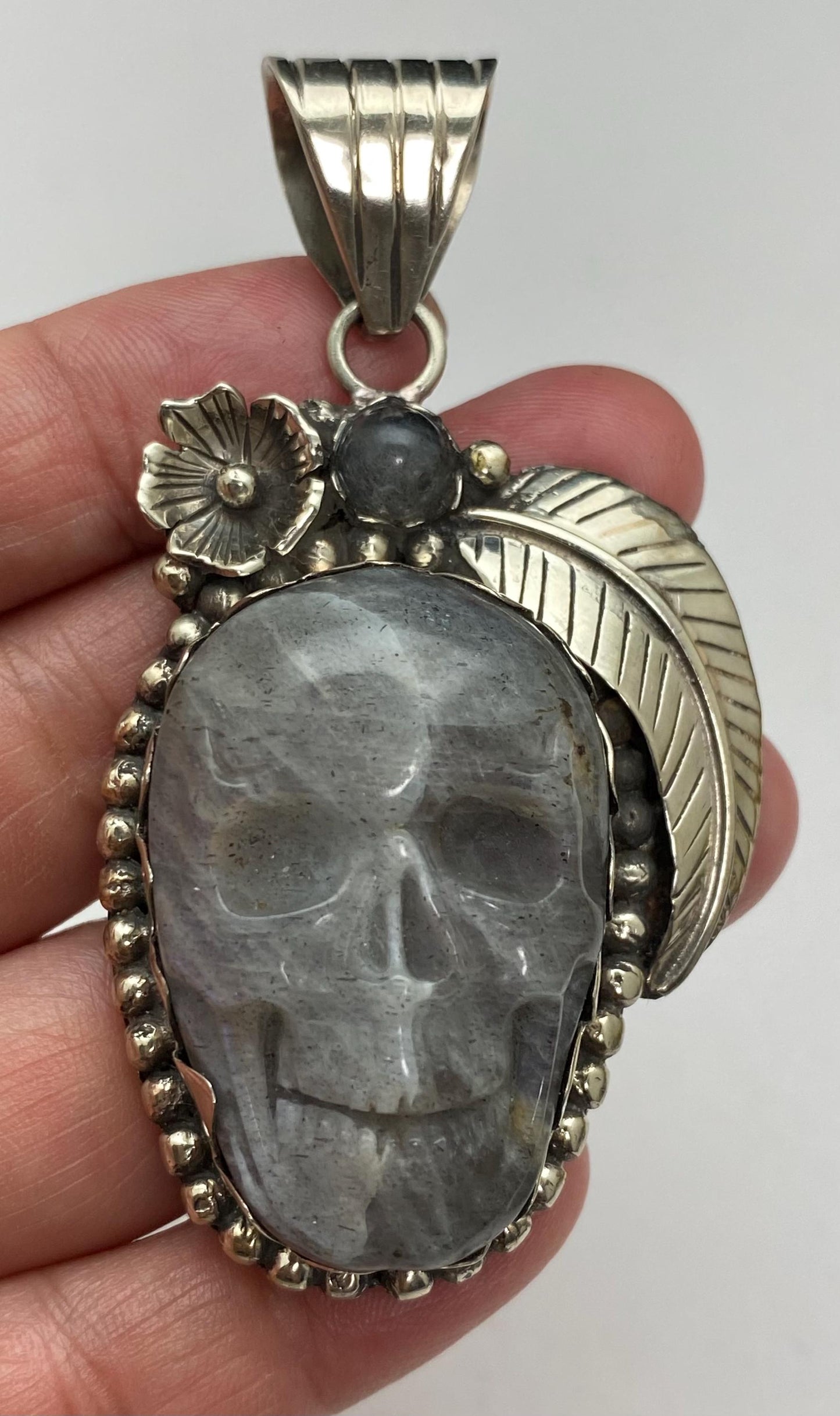 Handcrafted, Labradorite carved skull pendant, Tibetan reposse silver, floral , Nepalese
