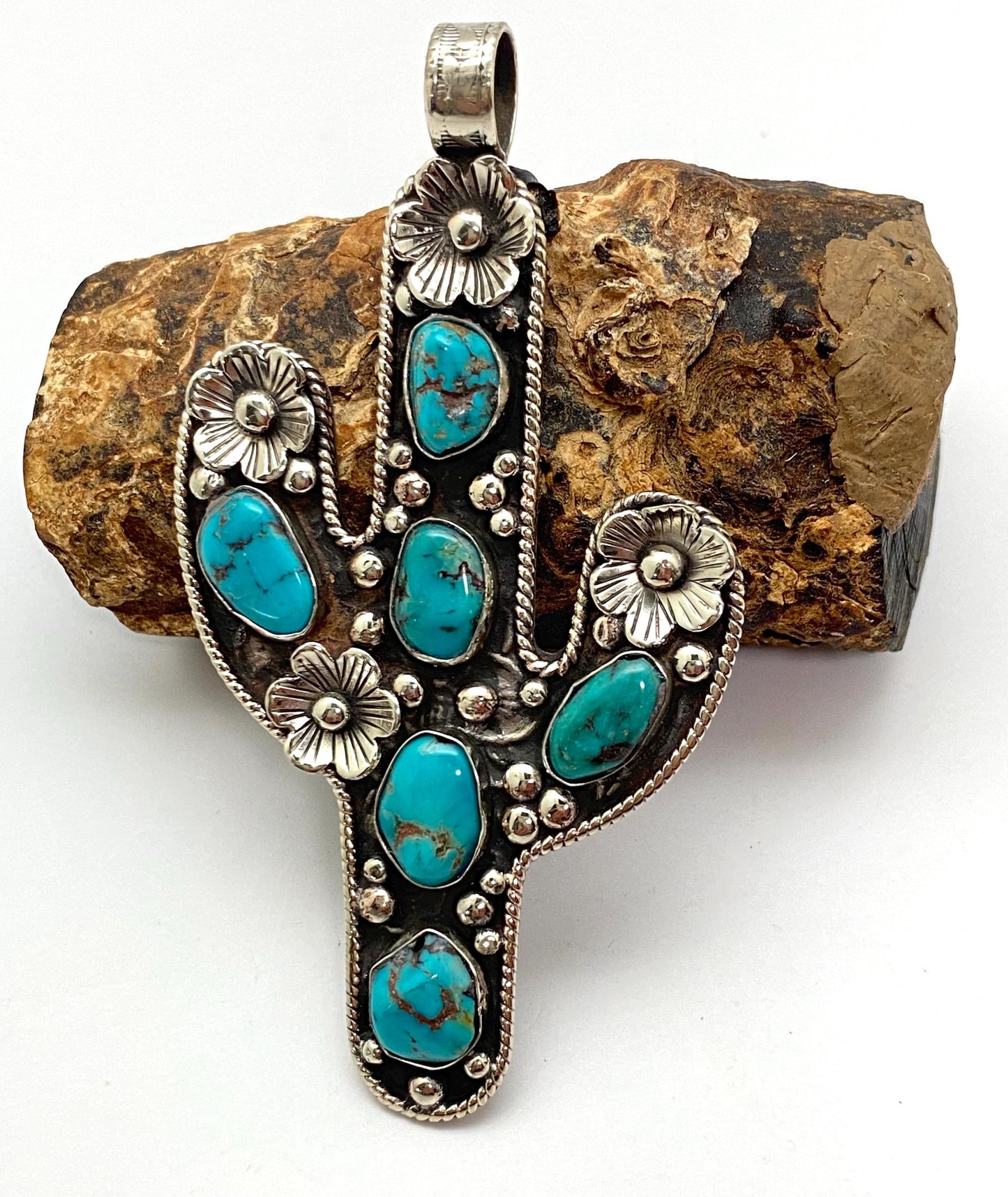 cactus pendant,handcrafted,Tibetan silver,turquoise,floral pendant,Nepalese