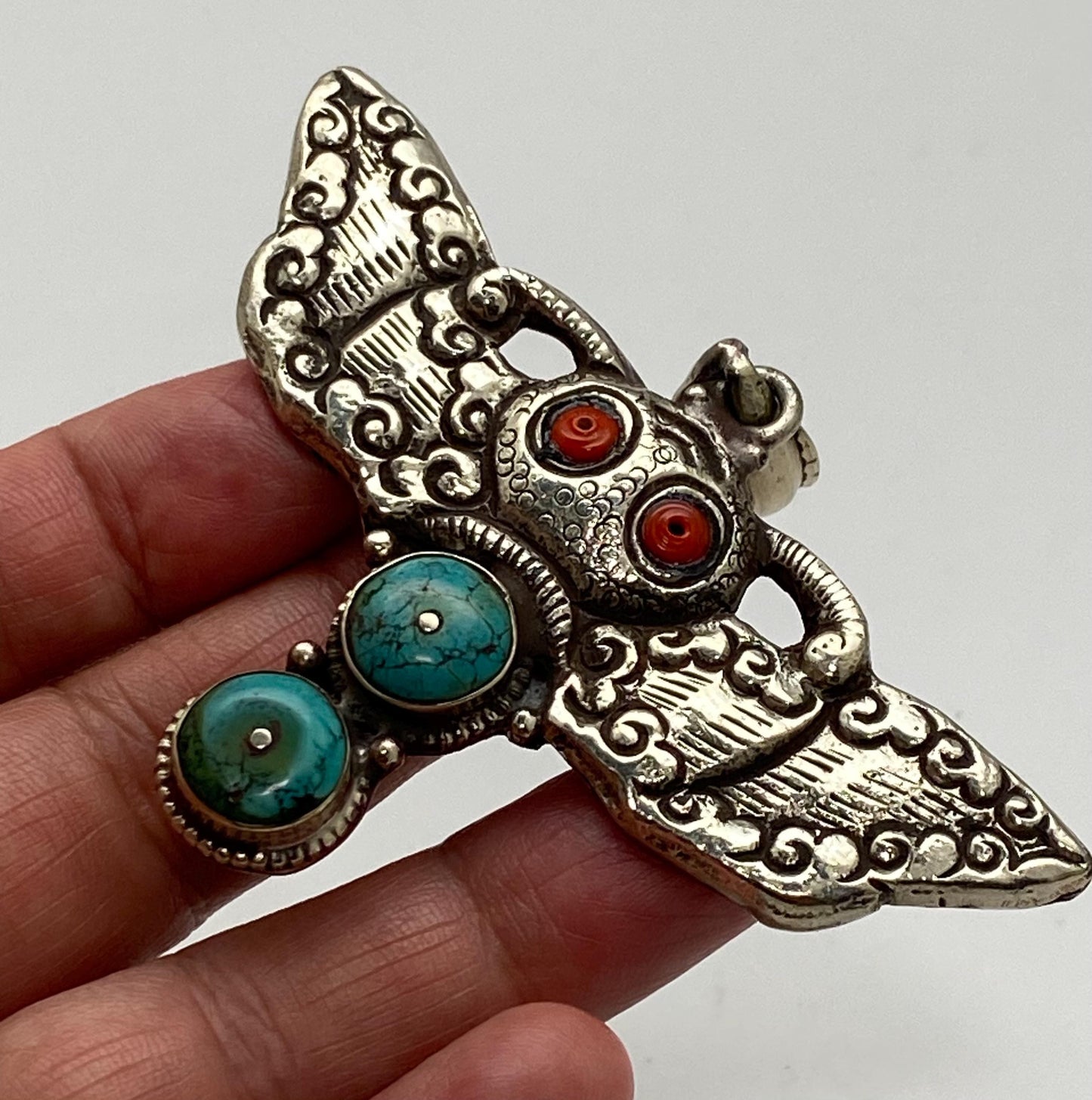 Bug pendant,Hand crafted,Tibetan silver,coral,turquoise,