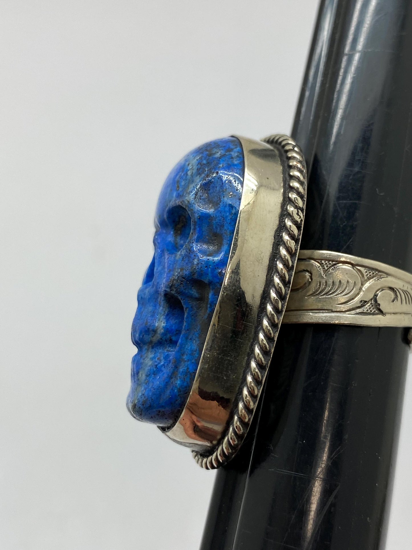 skull ring, lapis lazuli carved skull ring, handcrafted, tibetan repouse silver ring, adjustable,Nepalese, ethnic style