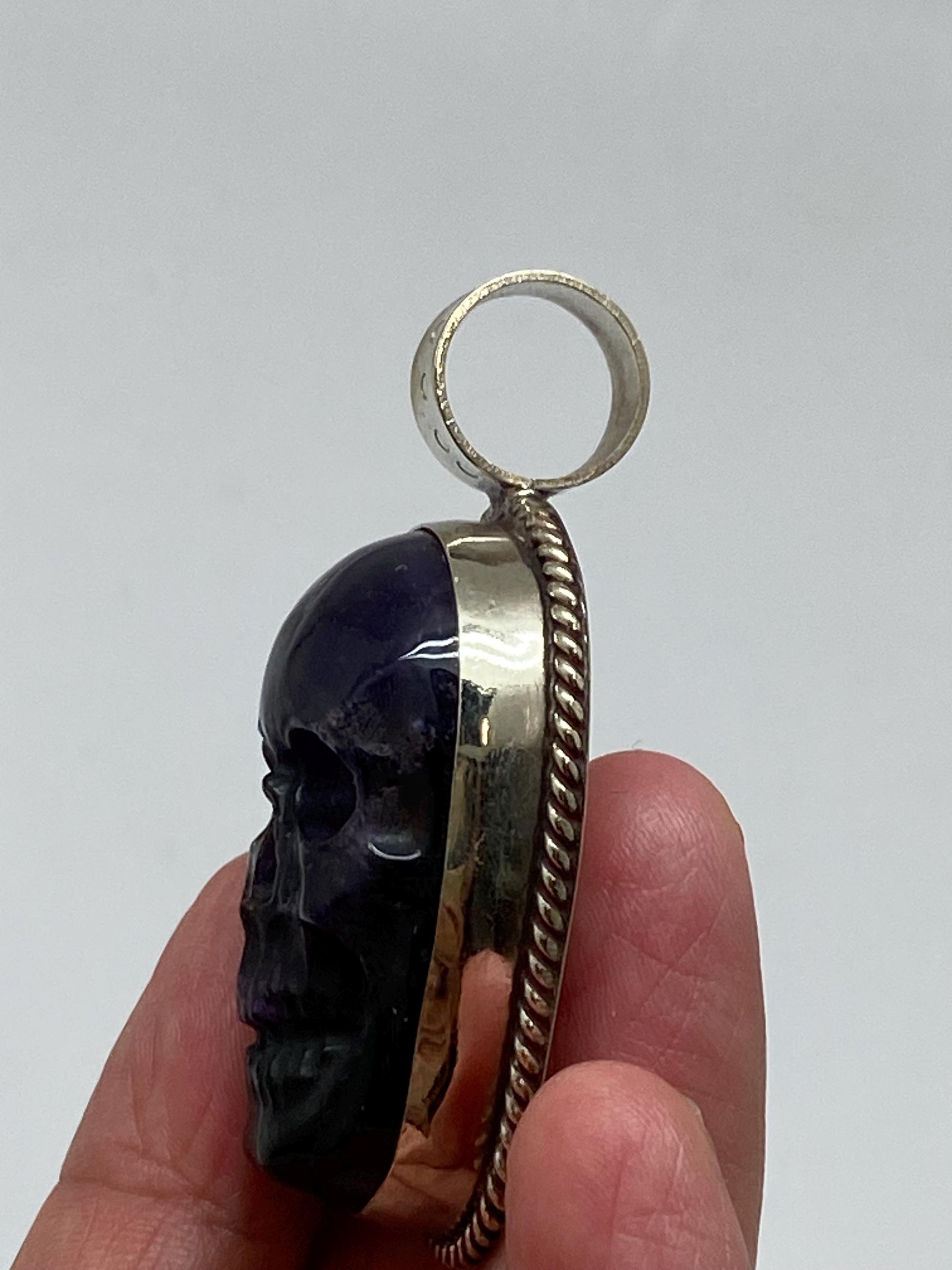 Amethyst carved skull pendant, handcrafted, Tibetan silver, adjustable,Nepalese