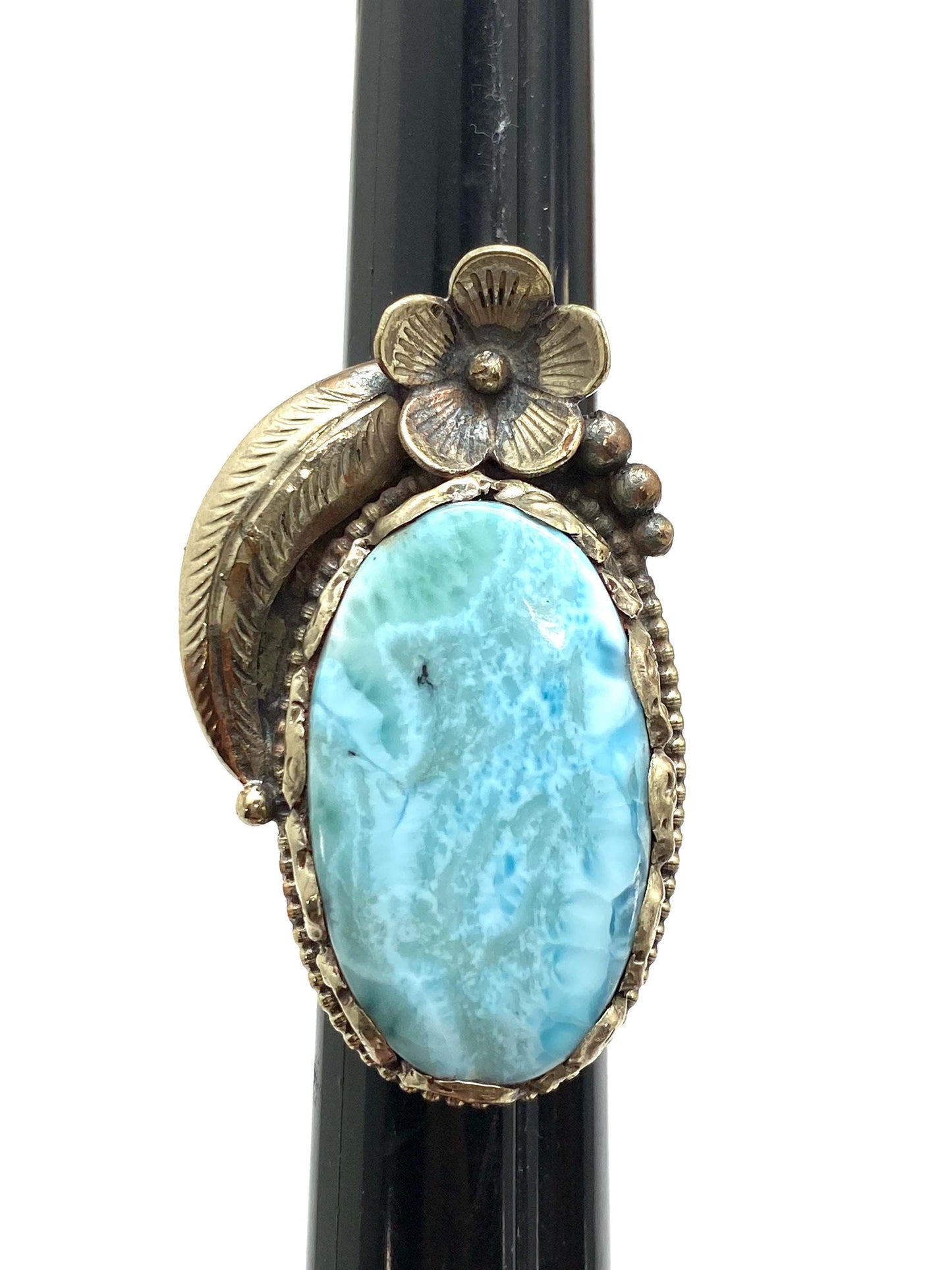 Larimar ring, handcrafted,tibetan silver, flower ring, adjustable,