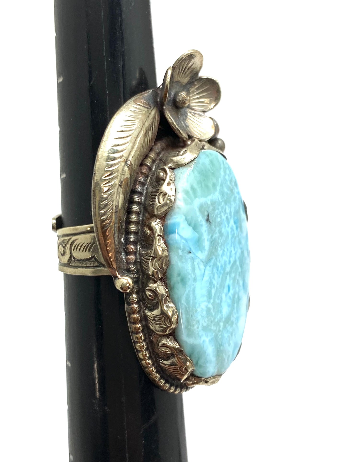 Larimar ring, handcrafted,tibetan silver, flower ring, adjustable,
