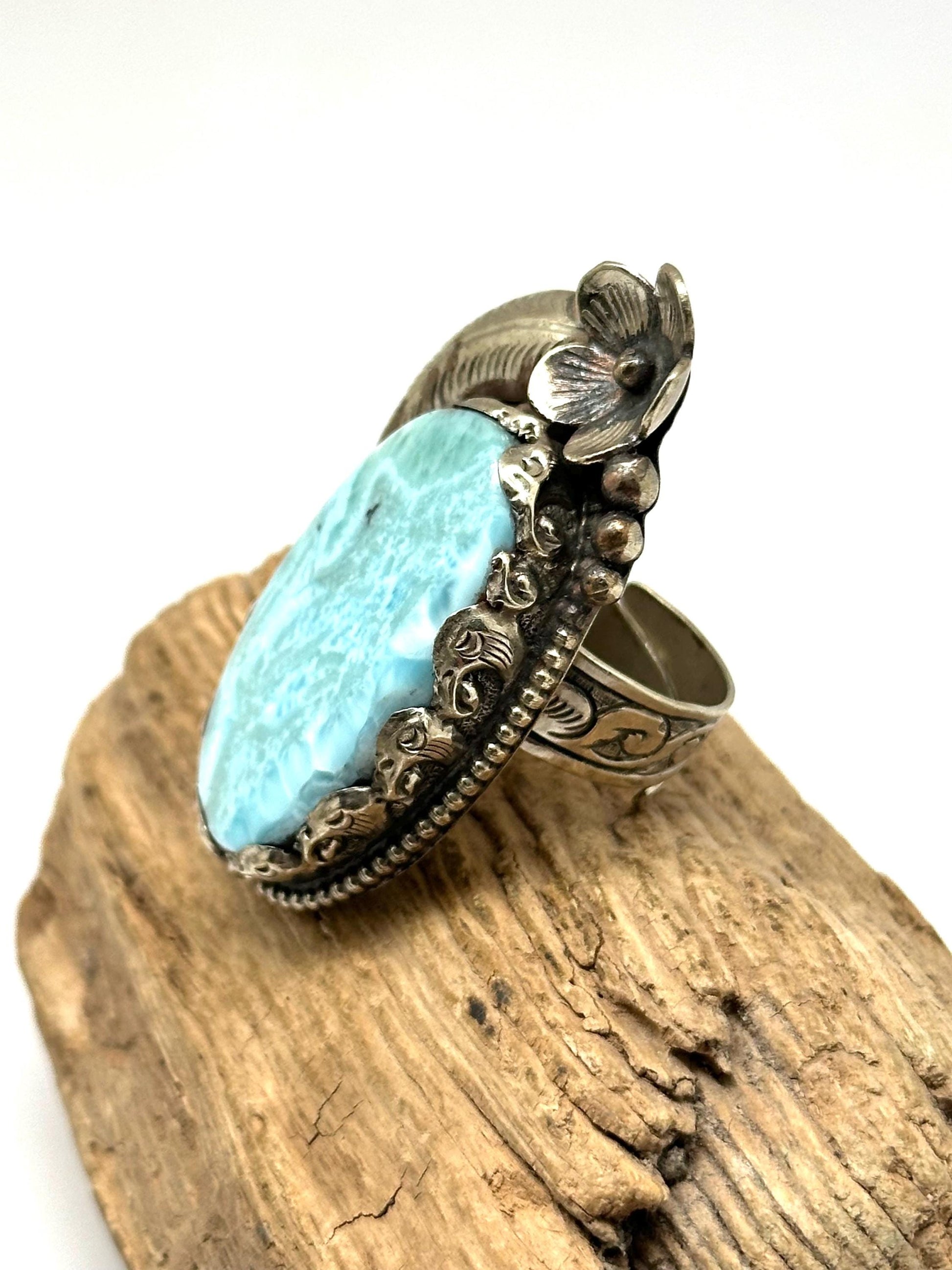 Larimar ring, handcrafted,tibetan silver, flower ring, adjustable,