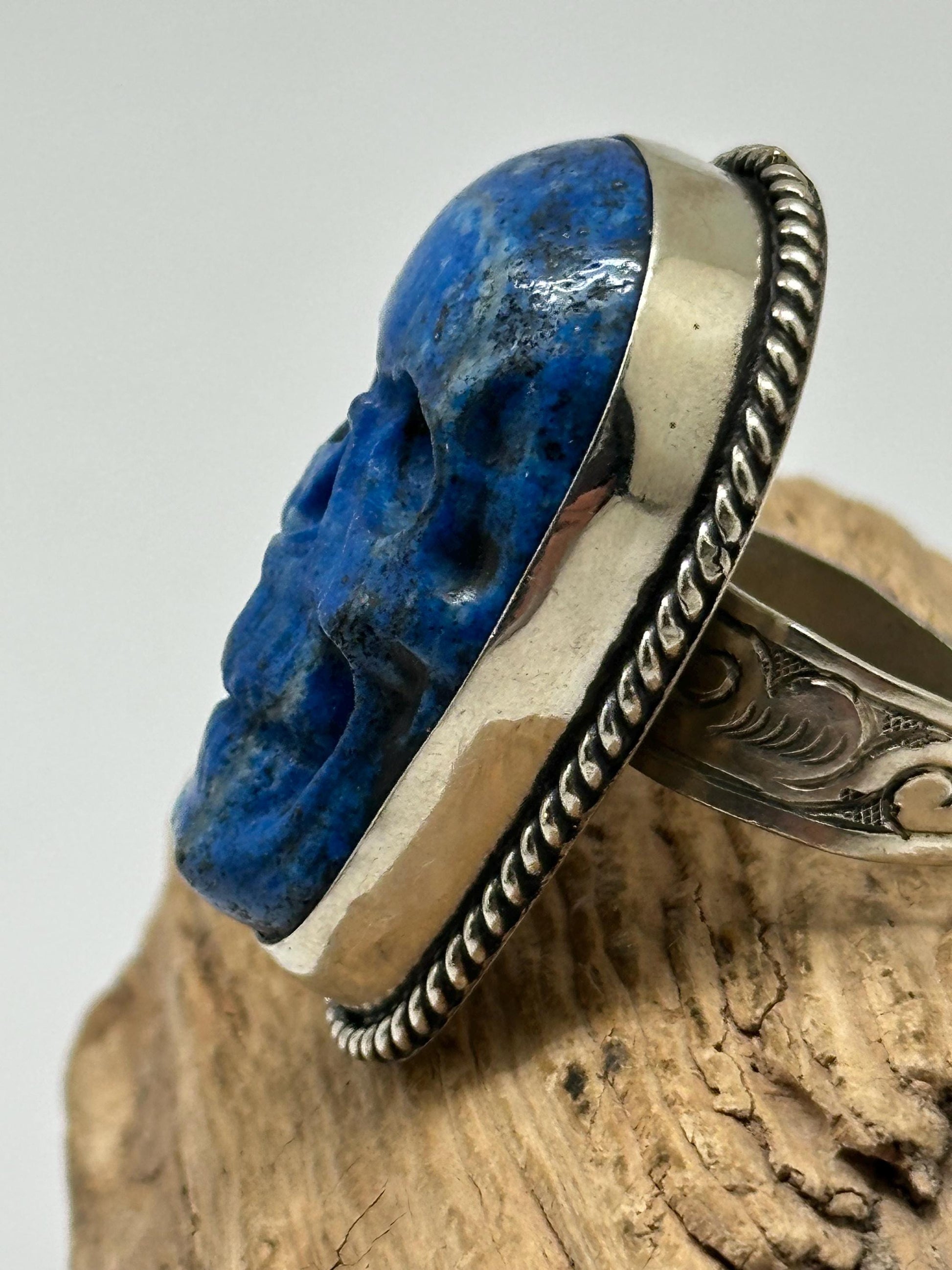 skull ring, lapis lazuli carved skull ring, handcrafted, tibetan repouse silver ring, adjustable,Nepalese, ethnic style