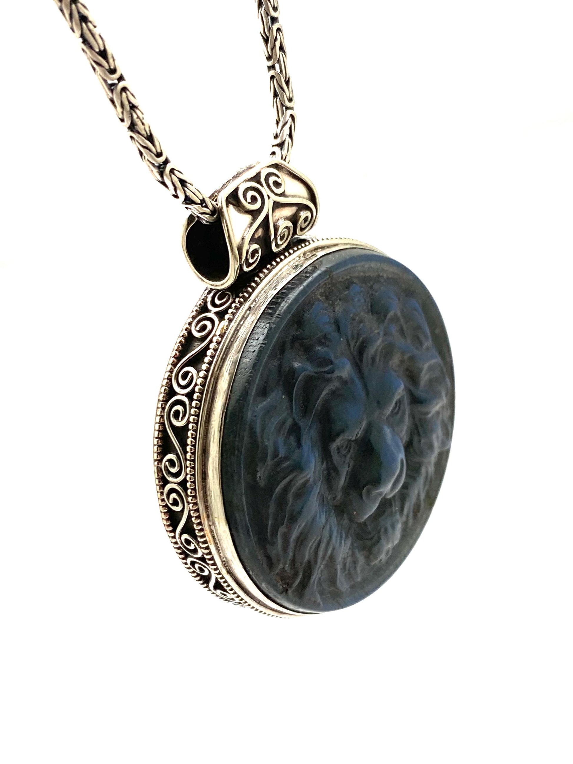 large lion pendant, labradorite carved, handcrafted, Tibetan silver, Nepalese