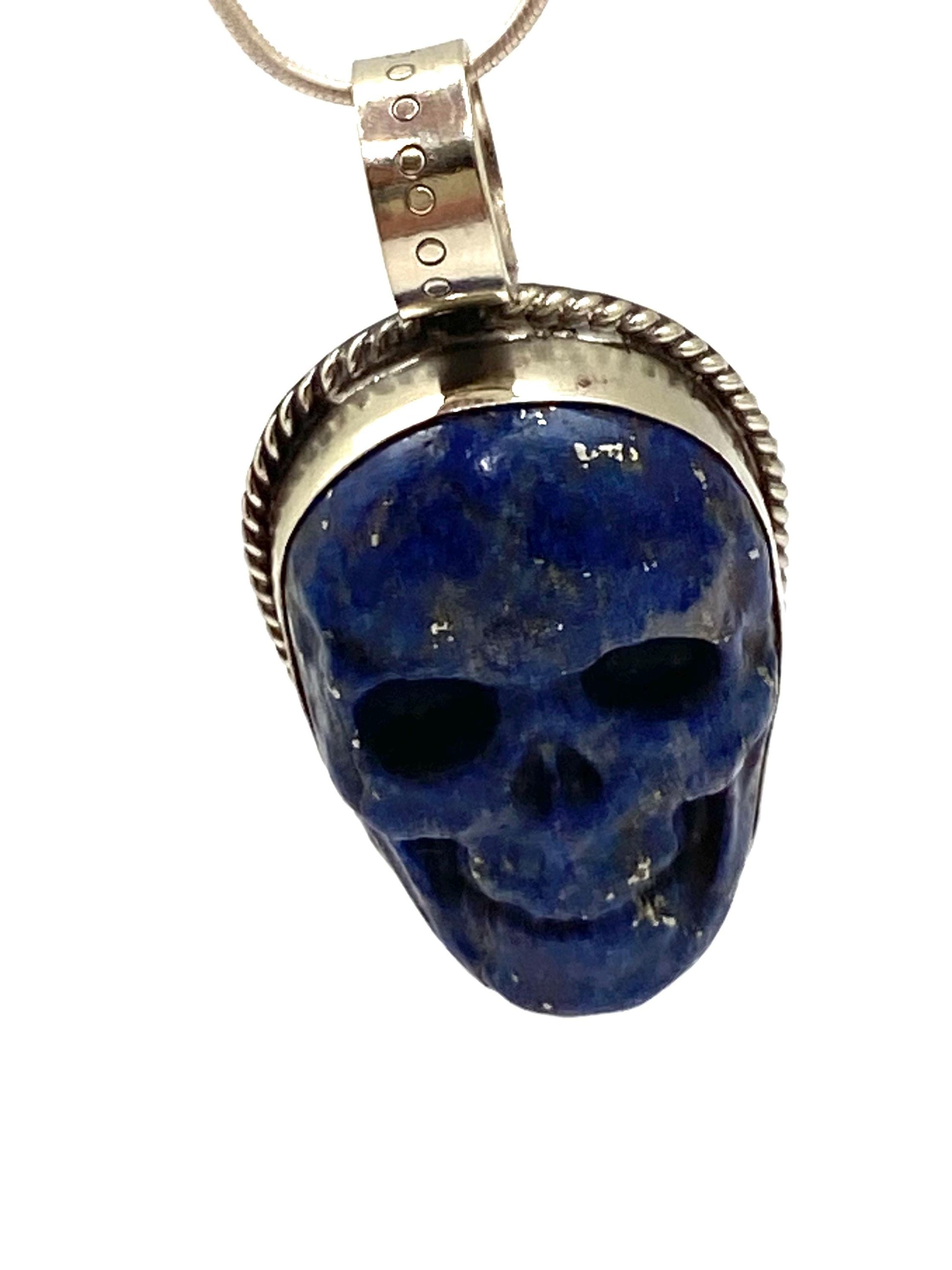 skull pendant, lapis carved, handcrafted, Tibetan silver,Nepalese