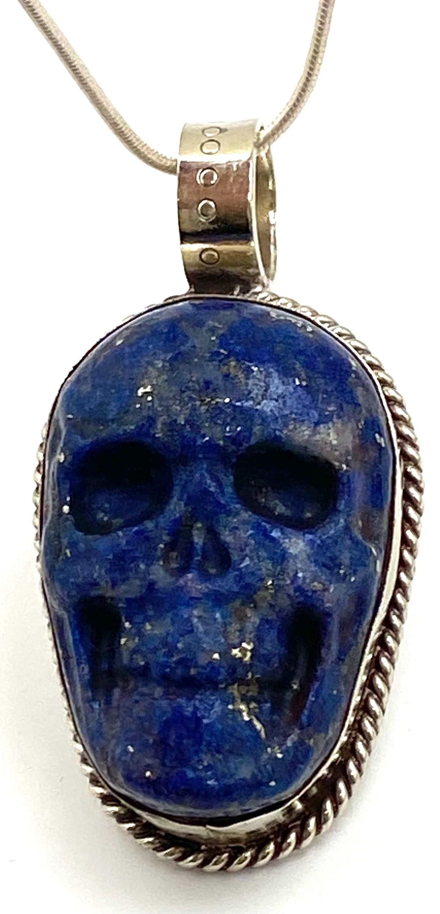 skull pendant, lapis carved, handcrafted, Tibetan silver,Nepalese