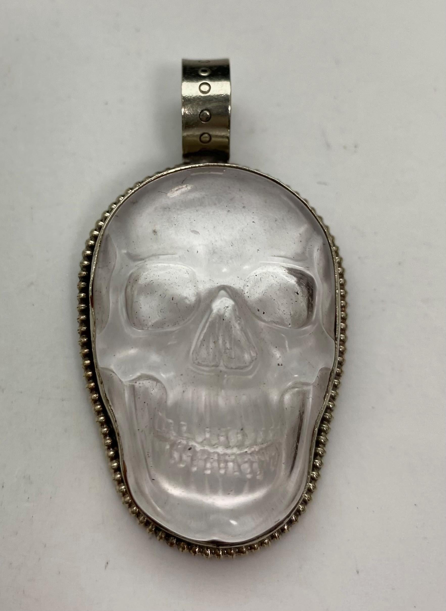 Quartz crystal carved skull pendant, handcrafted, Tibetan silver, Nepalese
