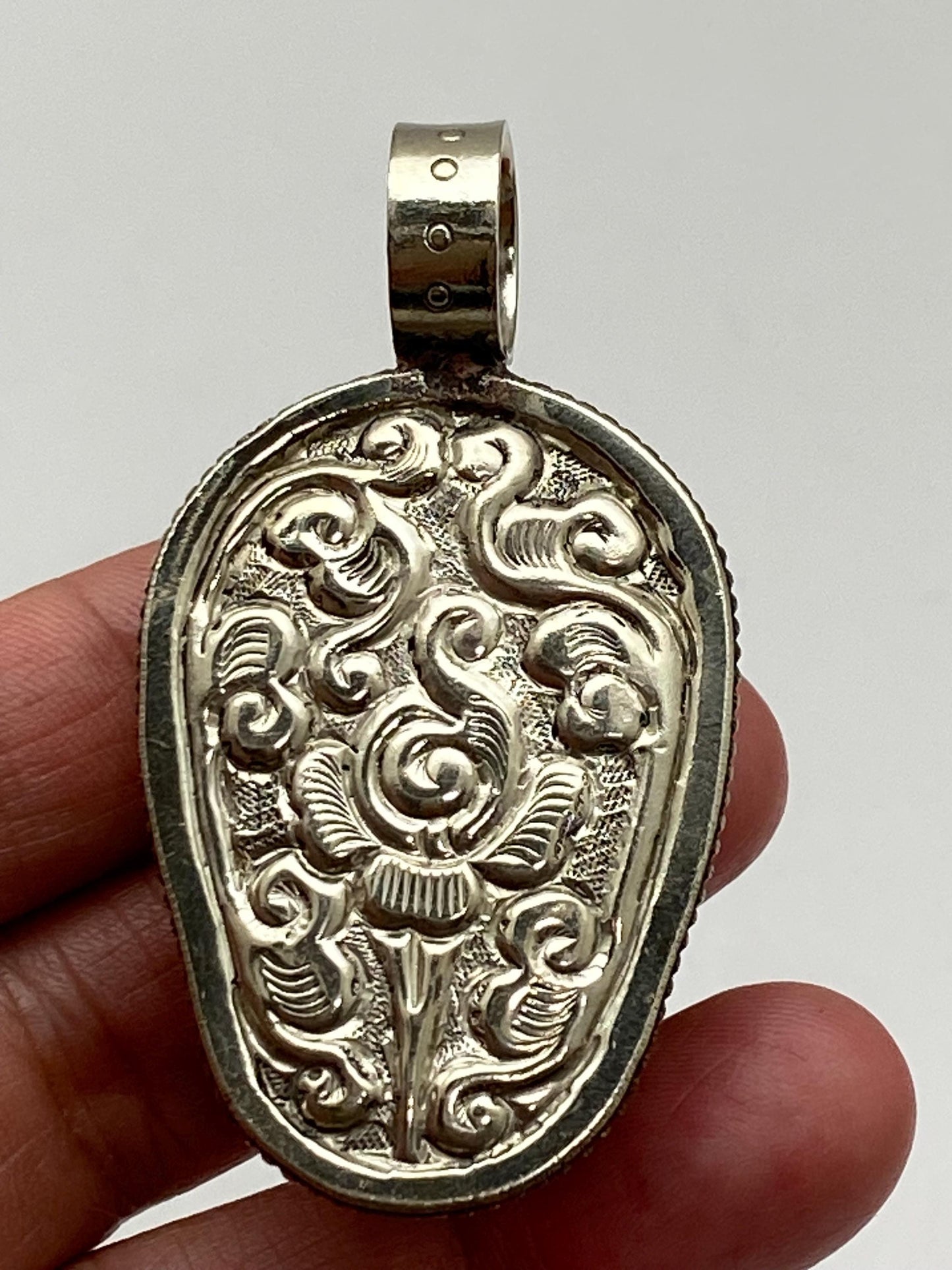 Quartz crystal carved skull pendant, handcrafted, Tibetan silver, Nepalese