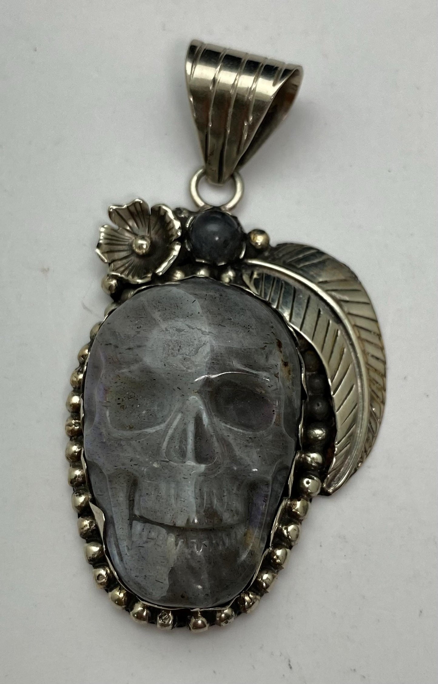 Handcrafted, Labradorite carved skull pendant, Tibetan reposse silver, floral , Nepalese