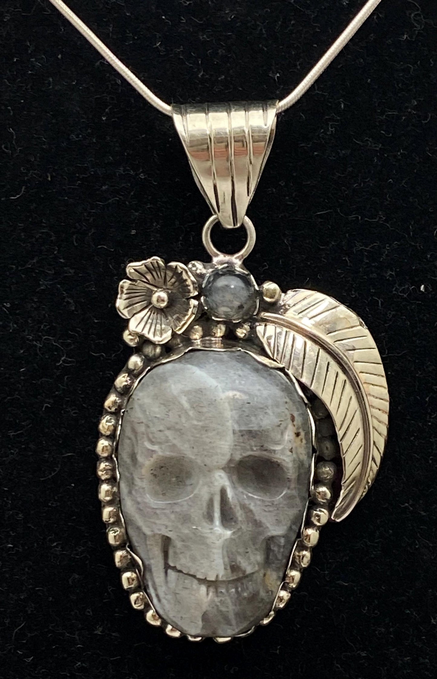 Handcrafted, Labradorite carved skull pendant, Tibetan reposse silver, floral , Nepalese