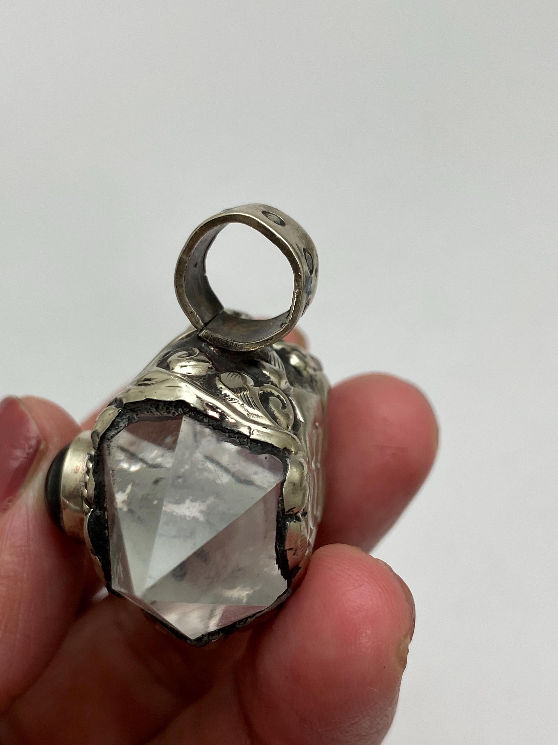 Double point pendant, garnet, handcrafted, Tibetan silver, ethnic style,quartz crystal, Nepalese