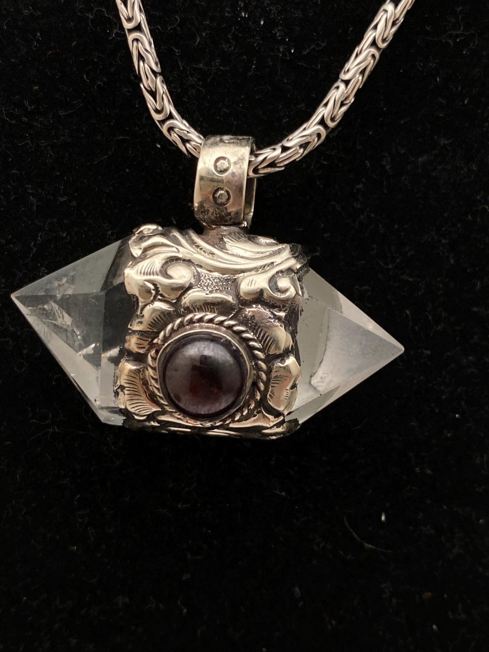 Double point pendant, garnet, handcrafted, Tibetan silver, ethnic style,quartz crystal, Nepalese