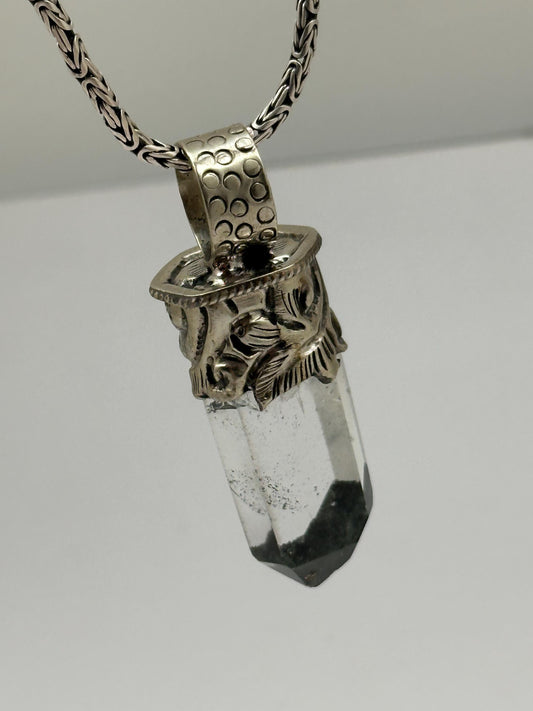 Quartz crystal pendant,handcrafted,Tibetan silver,ethnic style,Himalayan,Nepalese