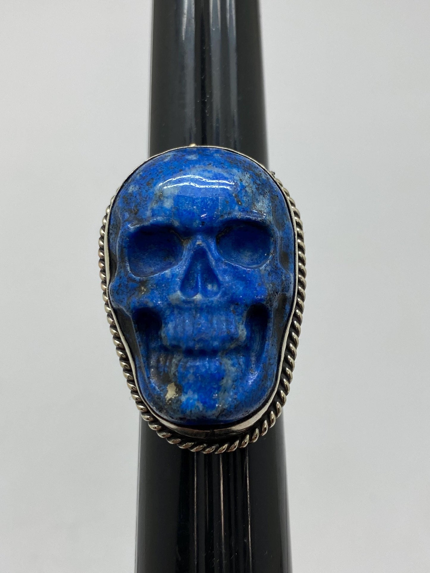 skull ring, lapis lazuli carved skull ring, handcrafted, tibetan repouse silver ring, adjustable,Nepalese, ethnic style