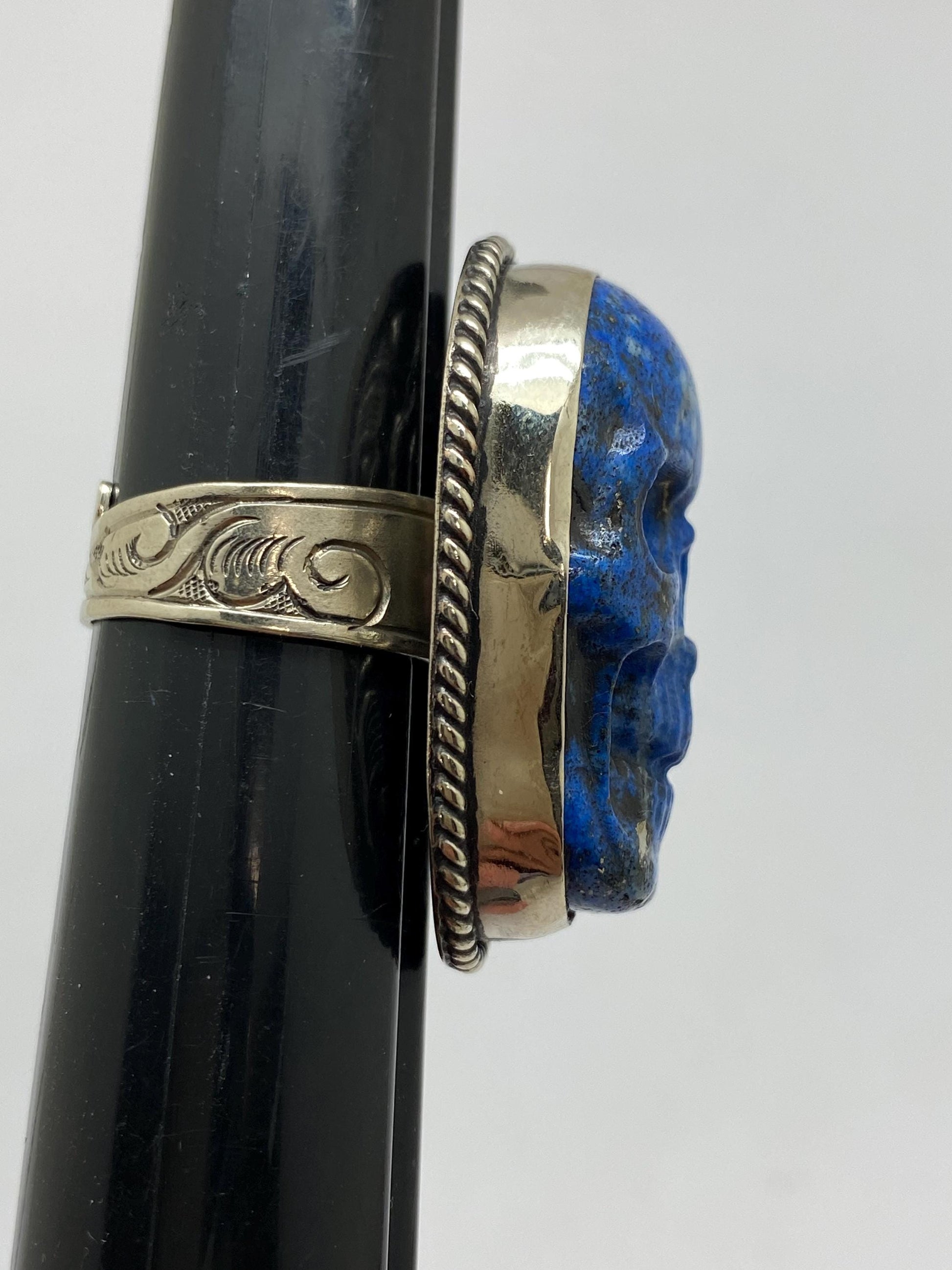 skull ring, lapis lazuli carved skull ring, handcrafted, tibetan repouse silver ring, adjustable,Nepalese, ethnic style