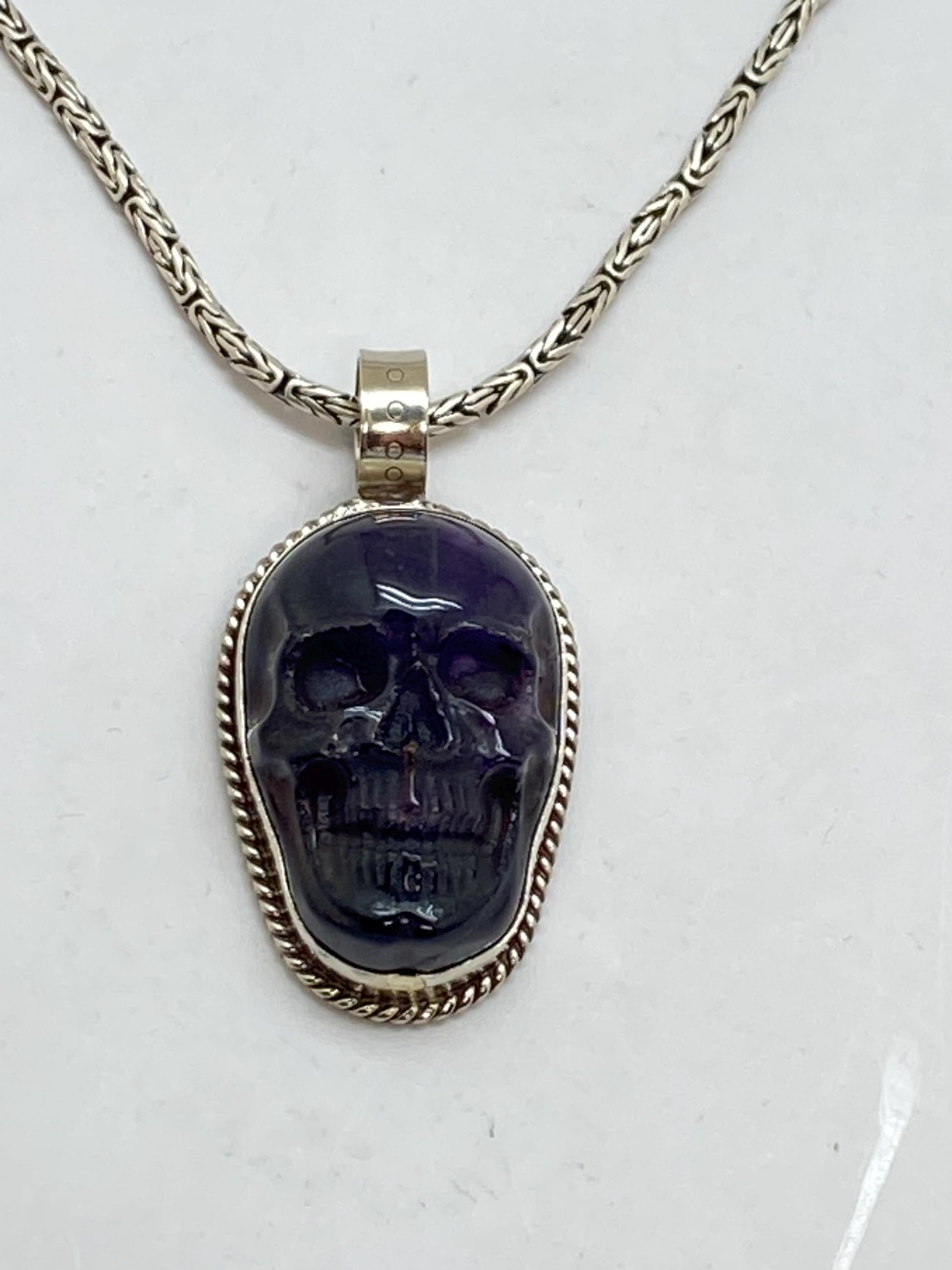 Amethyst carved skull pendant, handcrafted, Tibetan silver, adjustable,Nepalese