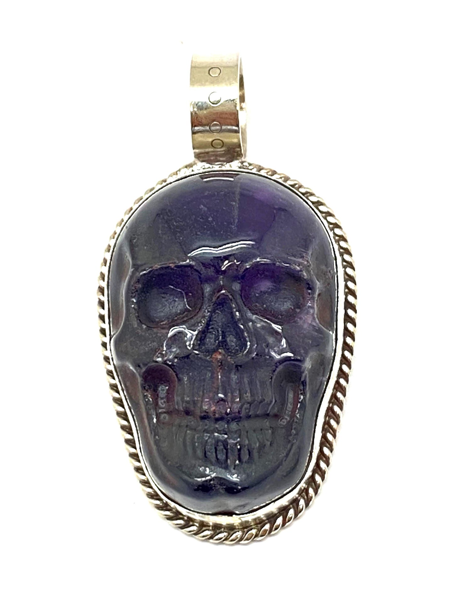 Amethyst carved skull pendant, handcrafted, Tibetan silver, adjustable,Nepalese