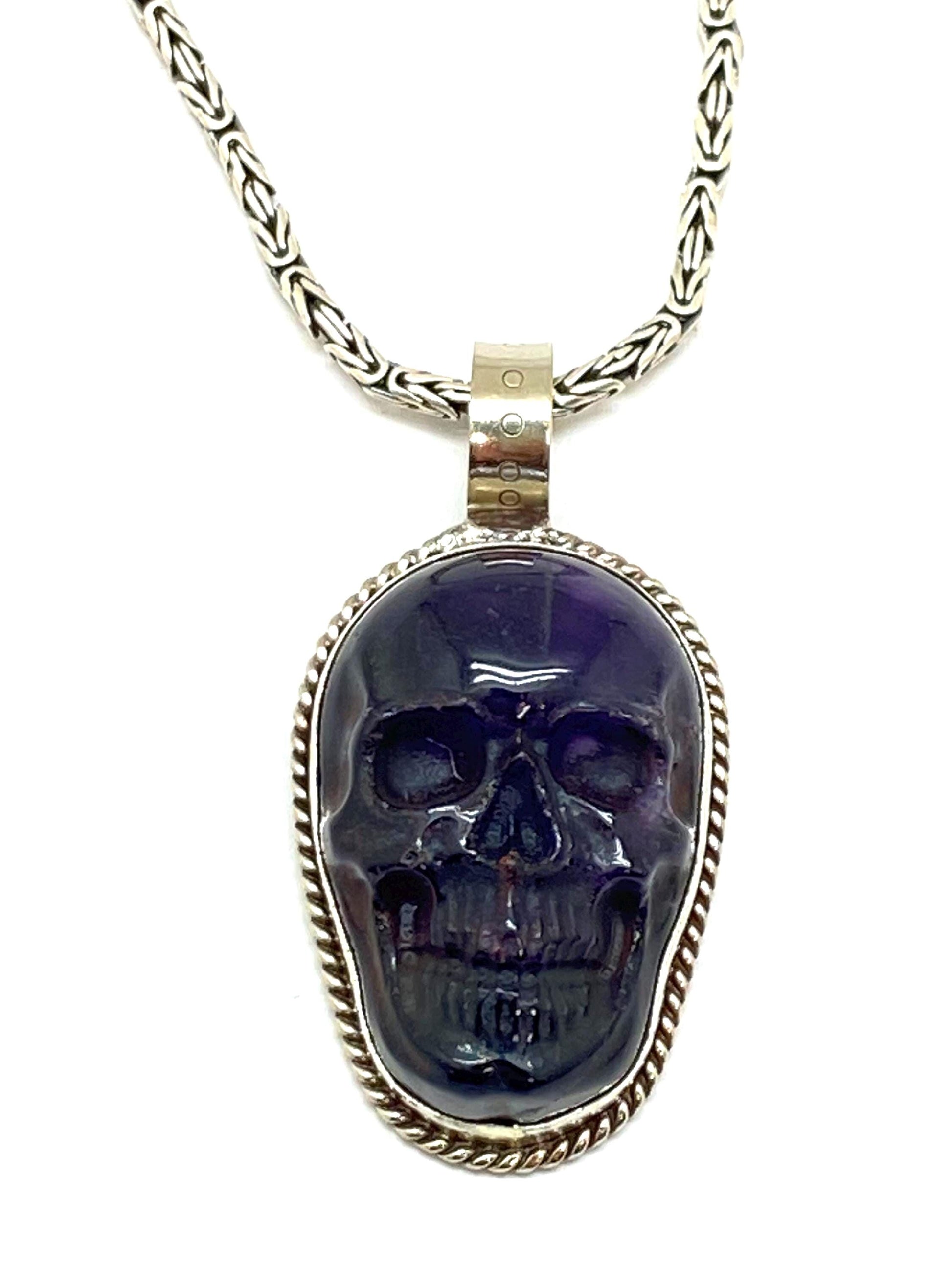 Amethyst carved skull pendant, handcrafted, Tibetan silver, adjustable,Nepalese