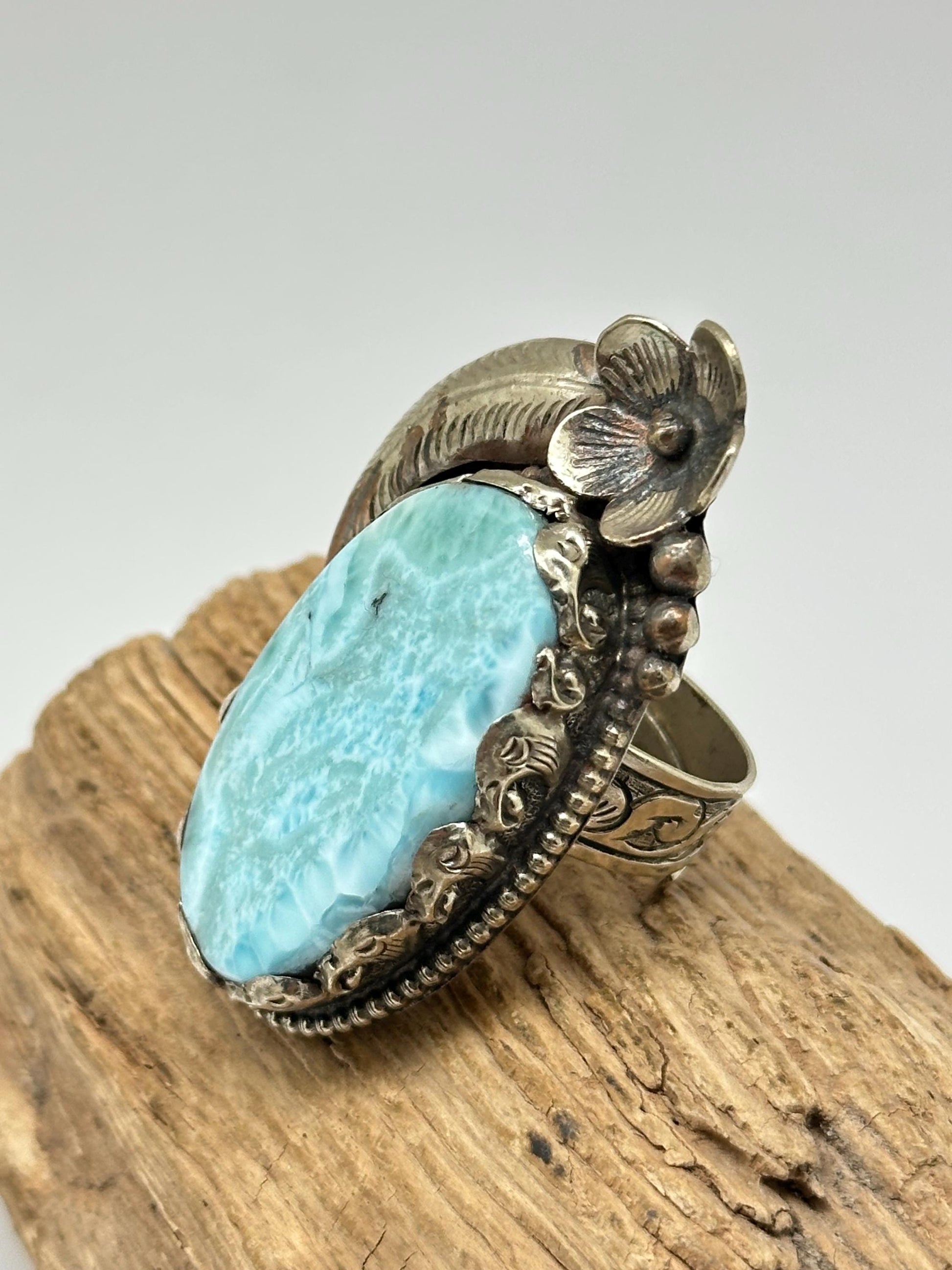 Larimar ring, handcrafted,tibetan silver, flower ring, adjustable,