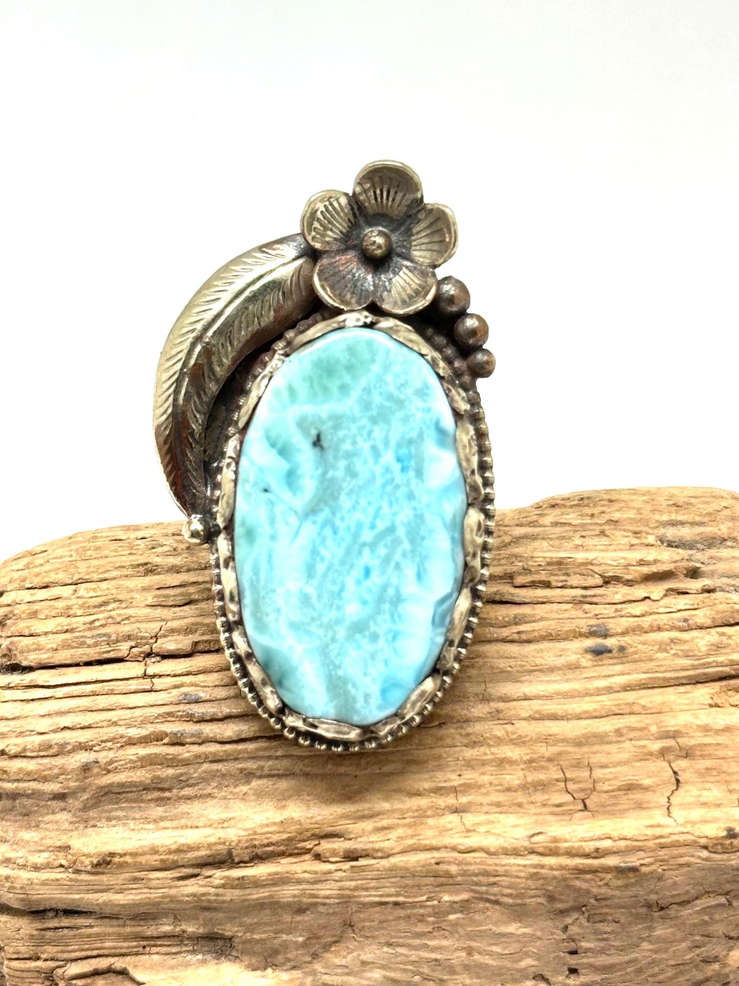 Larimar ring, handcrafted,tibetan silver, flower ring, adjustable,