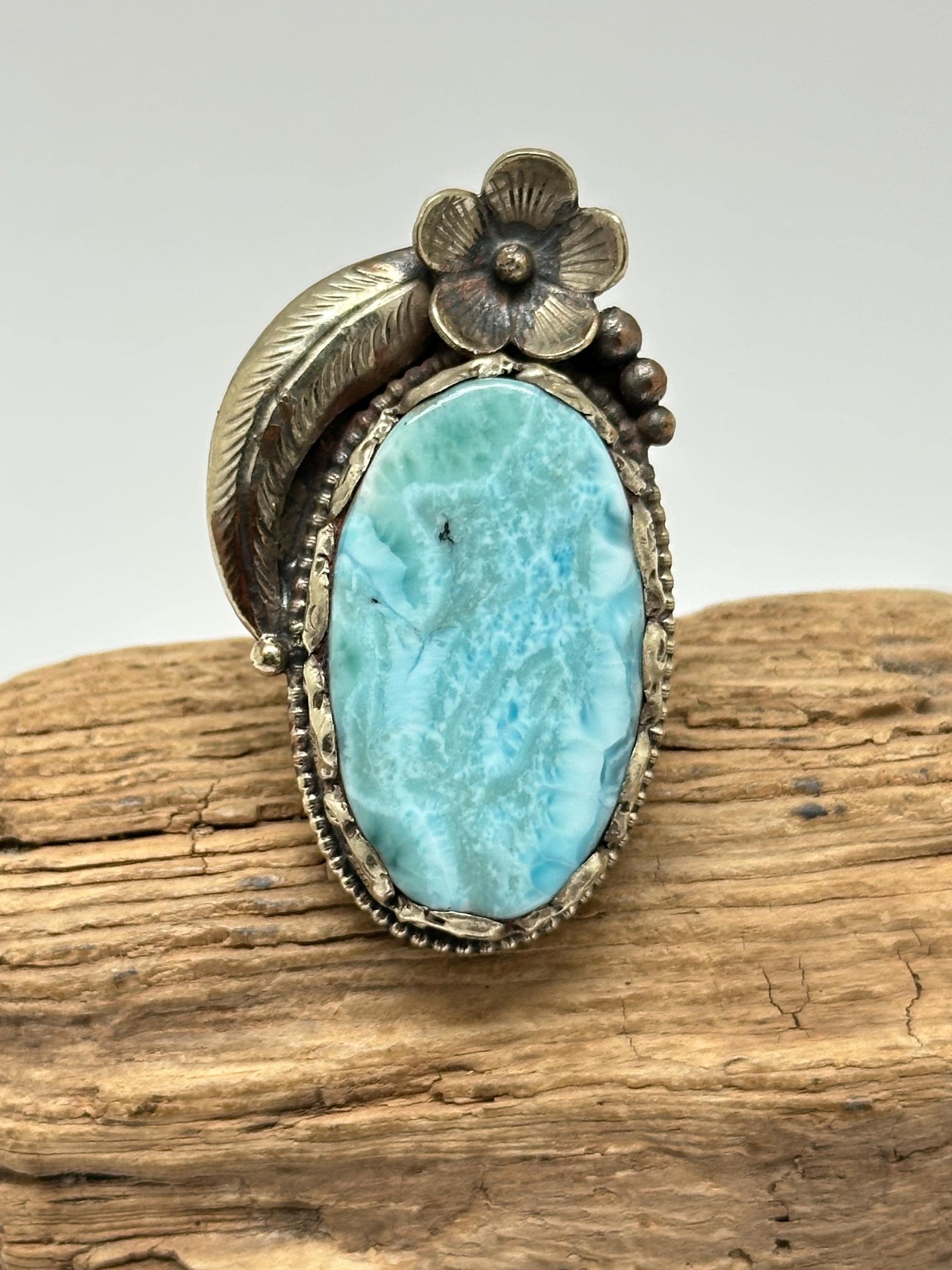 Larimar ring, handcrafted,tibetan silver, flower ring, adjustable,