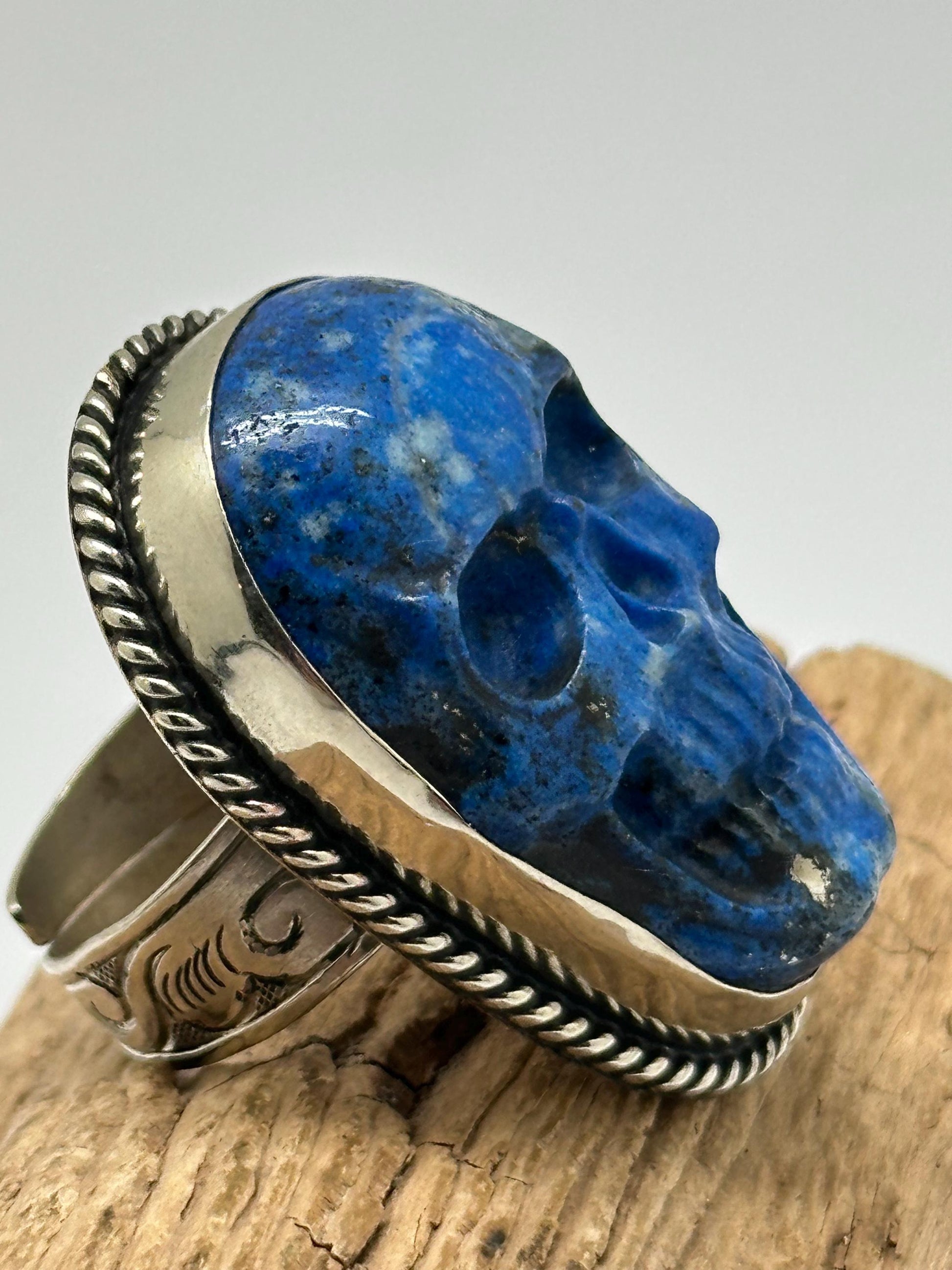 skull ring, lapis lazuli carved skull ring, handcrafted, tibetan repouse silver ring, adjustable,Nepalese, ethnic style
