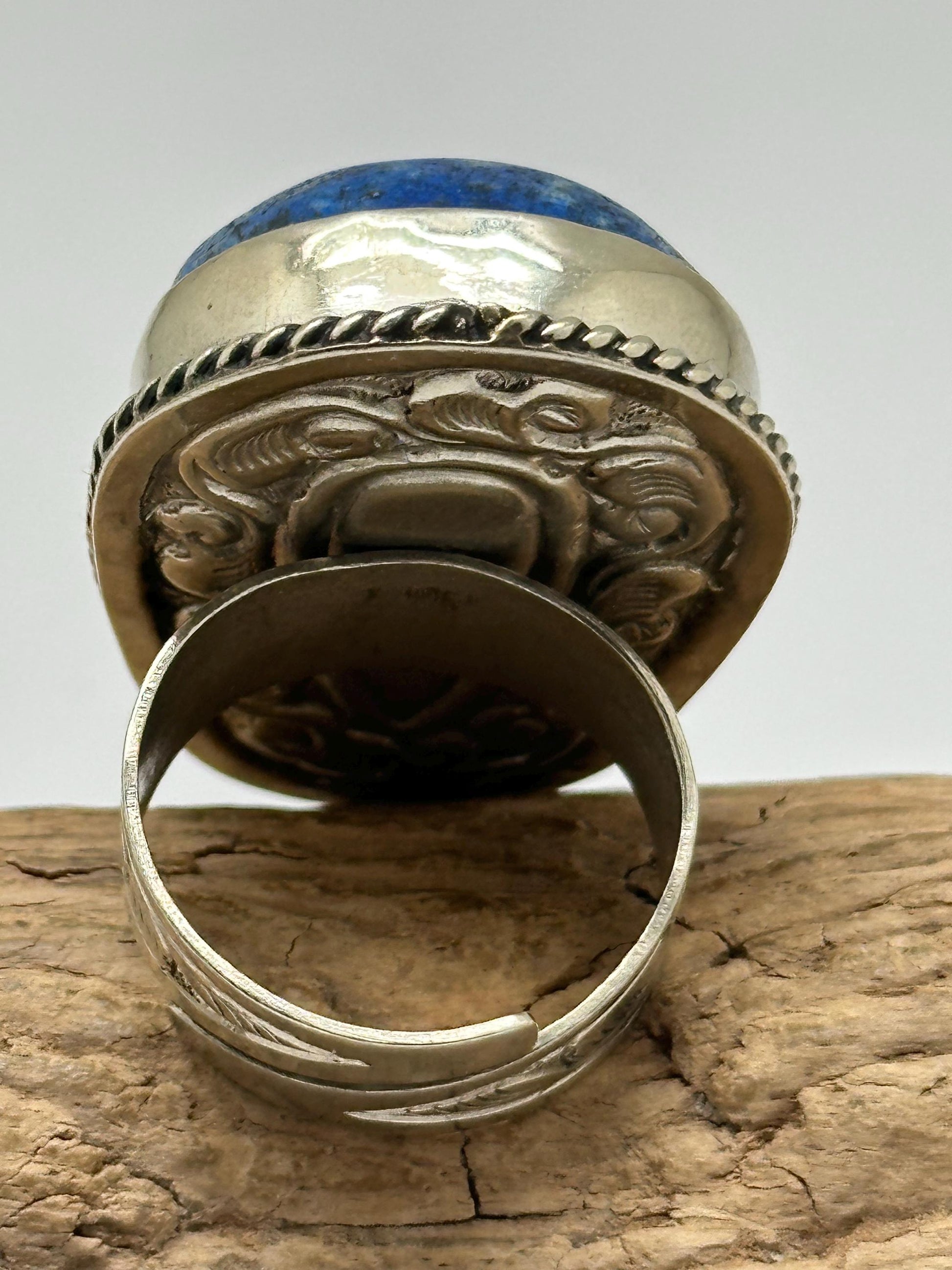 skull ring, lapis lazuli carved skull ring, handcrafted, tibetan repouse silver ring, adjustable,Nepalese, ethnic style