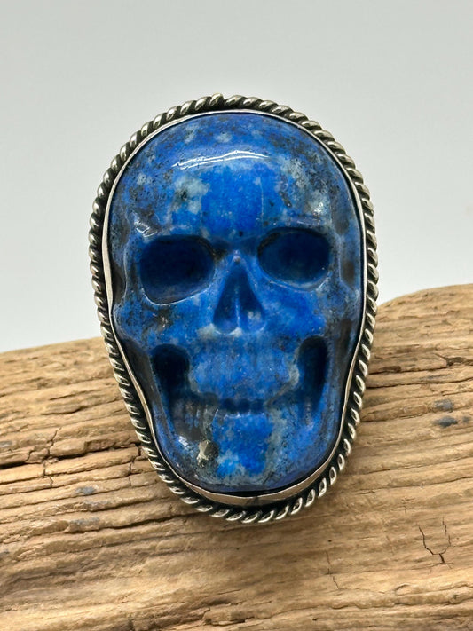 skull ring, lapis lazuli carved skull ring, handcrafted, tibetan repouse silver ring, adjustable,Nepalese, ethnic style