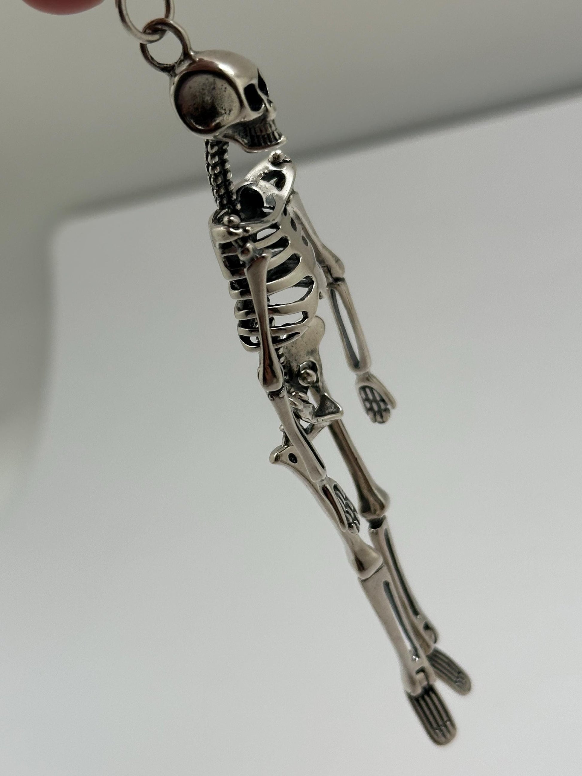 Large skeleton pendant, sterling silver,Gothic biker jewelry, Human skeleton silver pendant