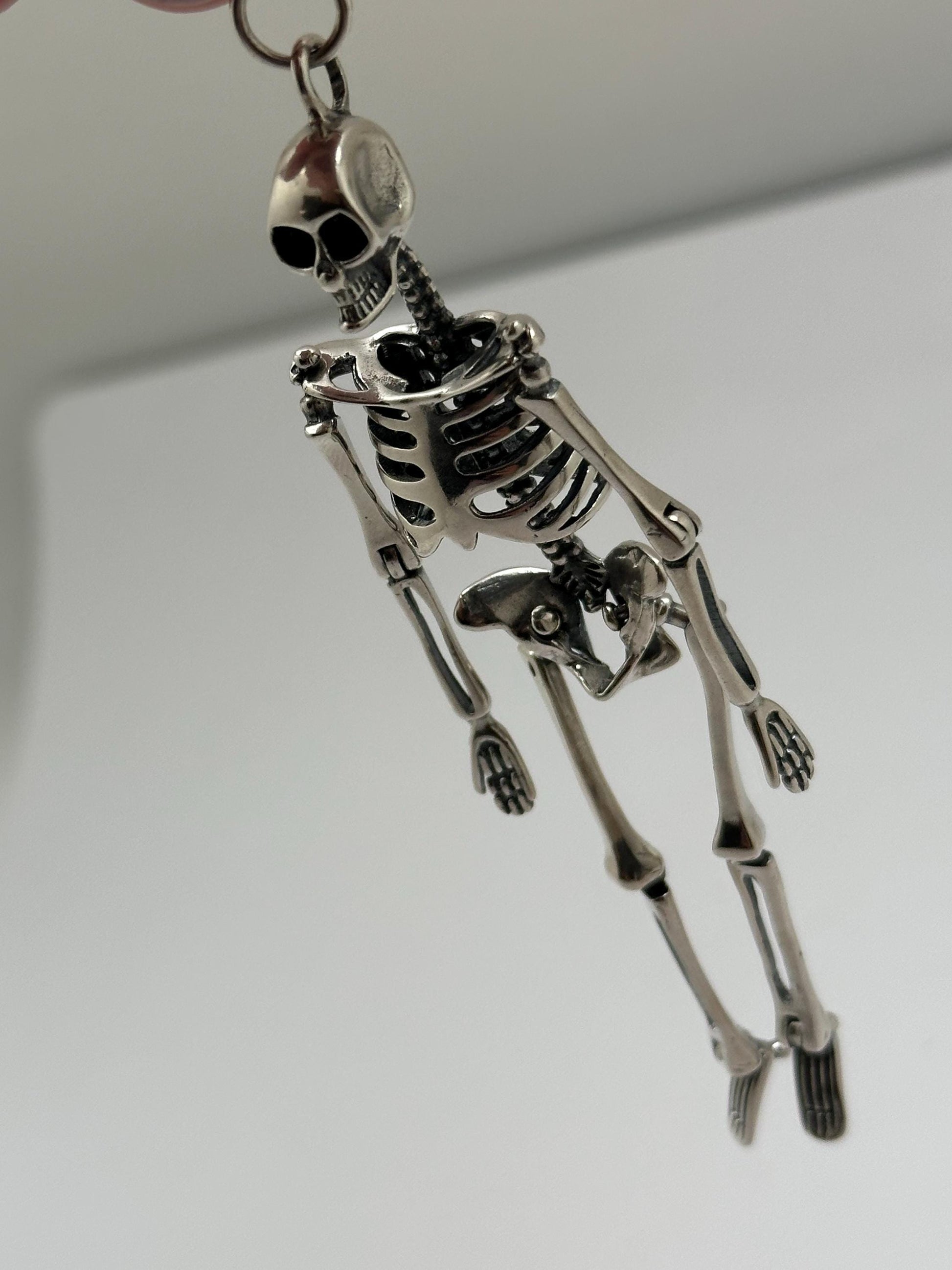 Large skeleton pendant, sterling silver,Gothic biker jewelry, Human skeleton silver pendant