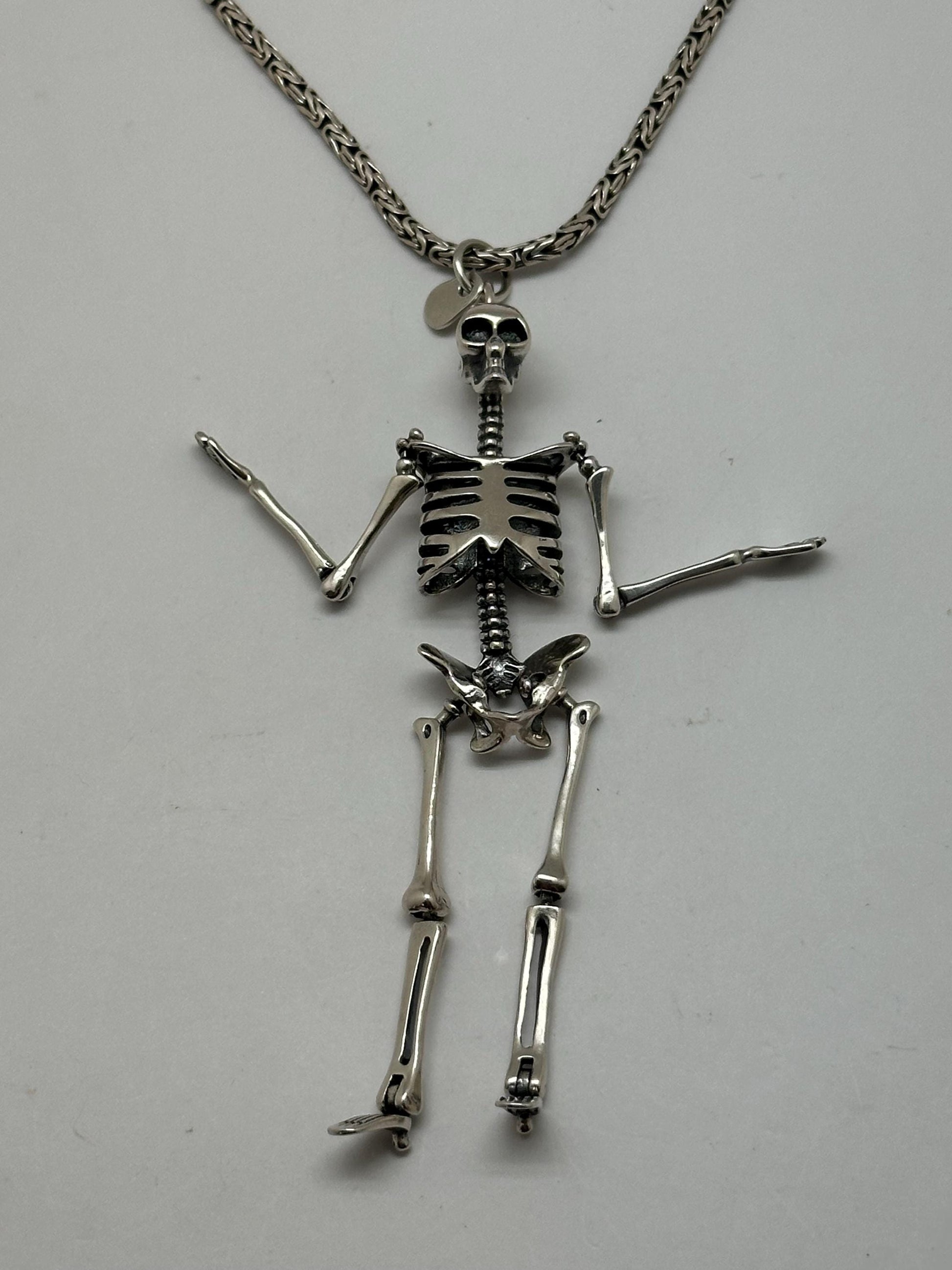 Large skeleton pendant, sterling silver,Gothic biker jewelry, Human skeleton silver pendant