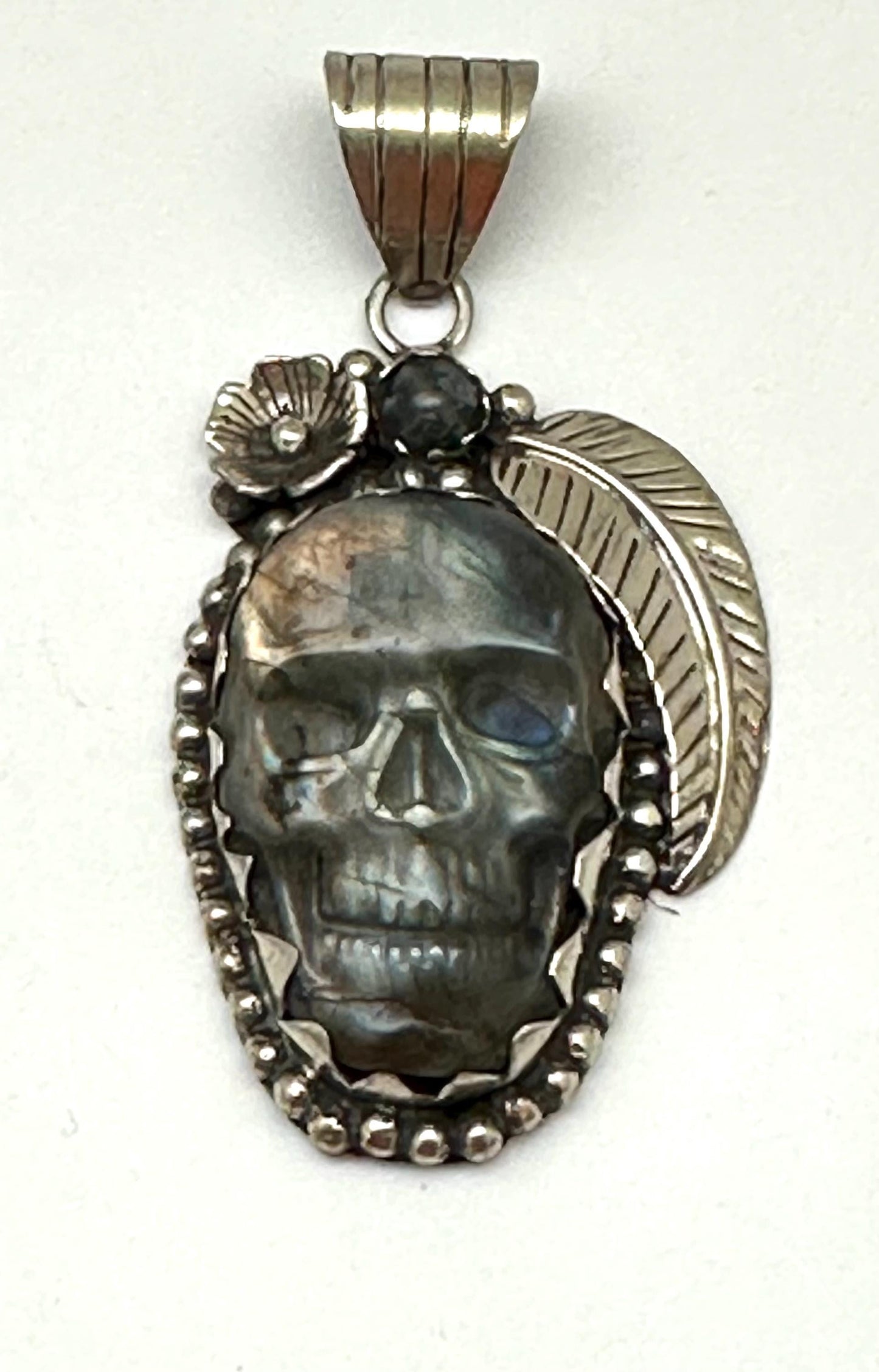 Handcrafted, Labradorite Skull Pendant,Tibetan Silver, Floral, Ethnic style