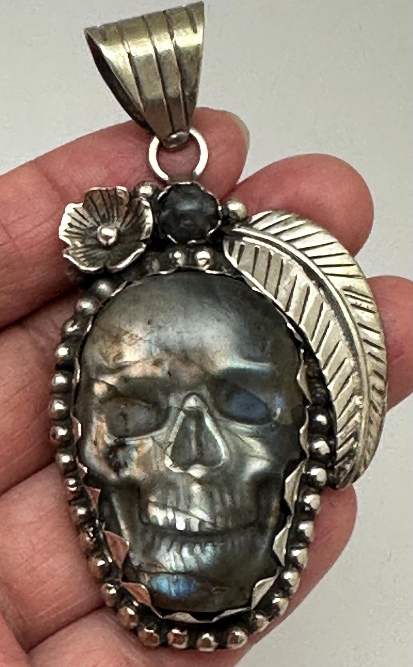 Handcrafted, Labradorite Skull Pendant,Tibetan Silver, Floral, Ethnic style