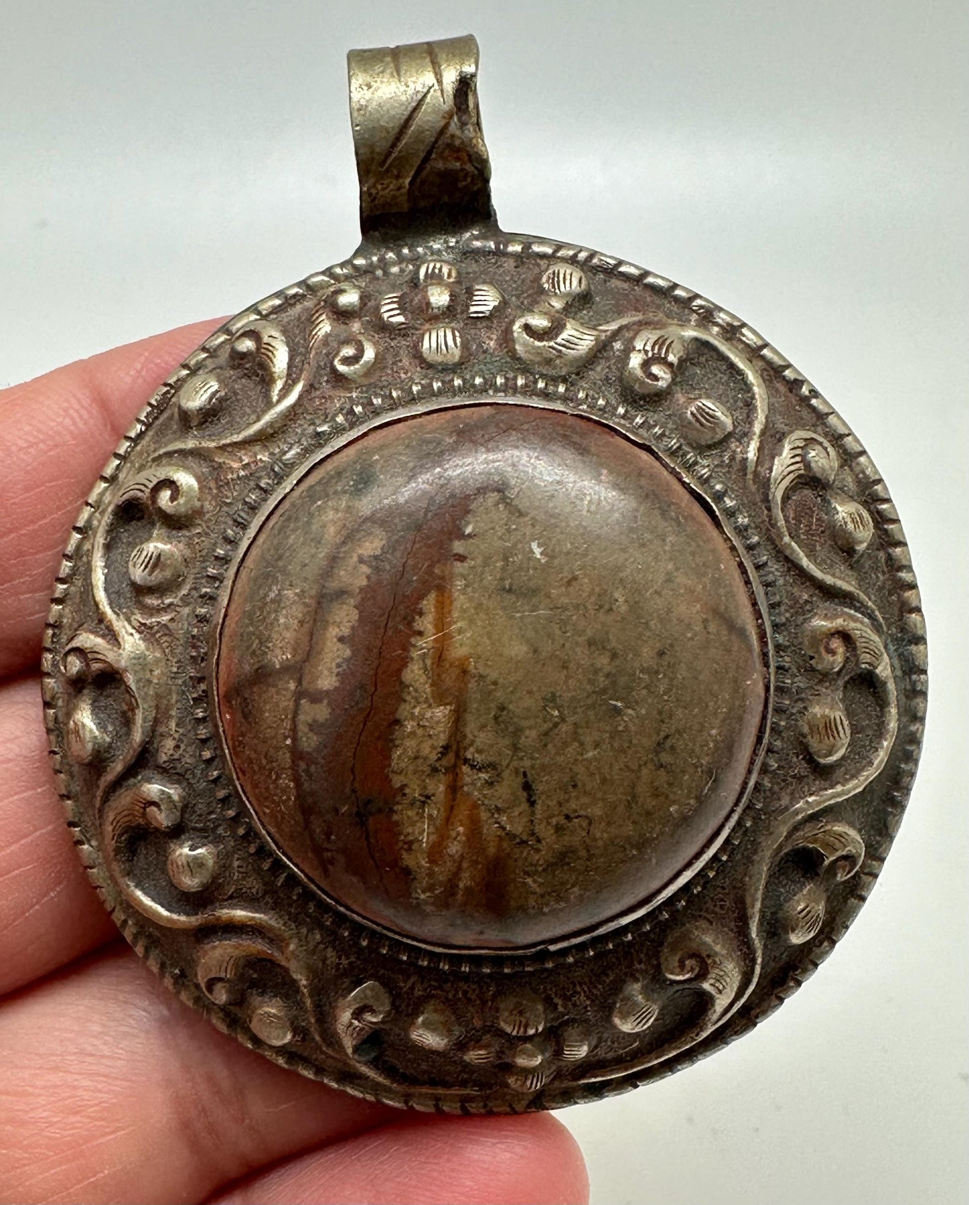 Agate pendant, handcrafted,tibetan repousse silver,Nepalese 54X41mm