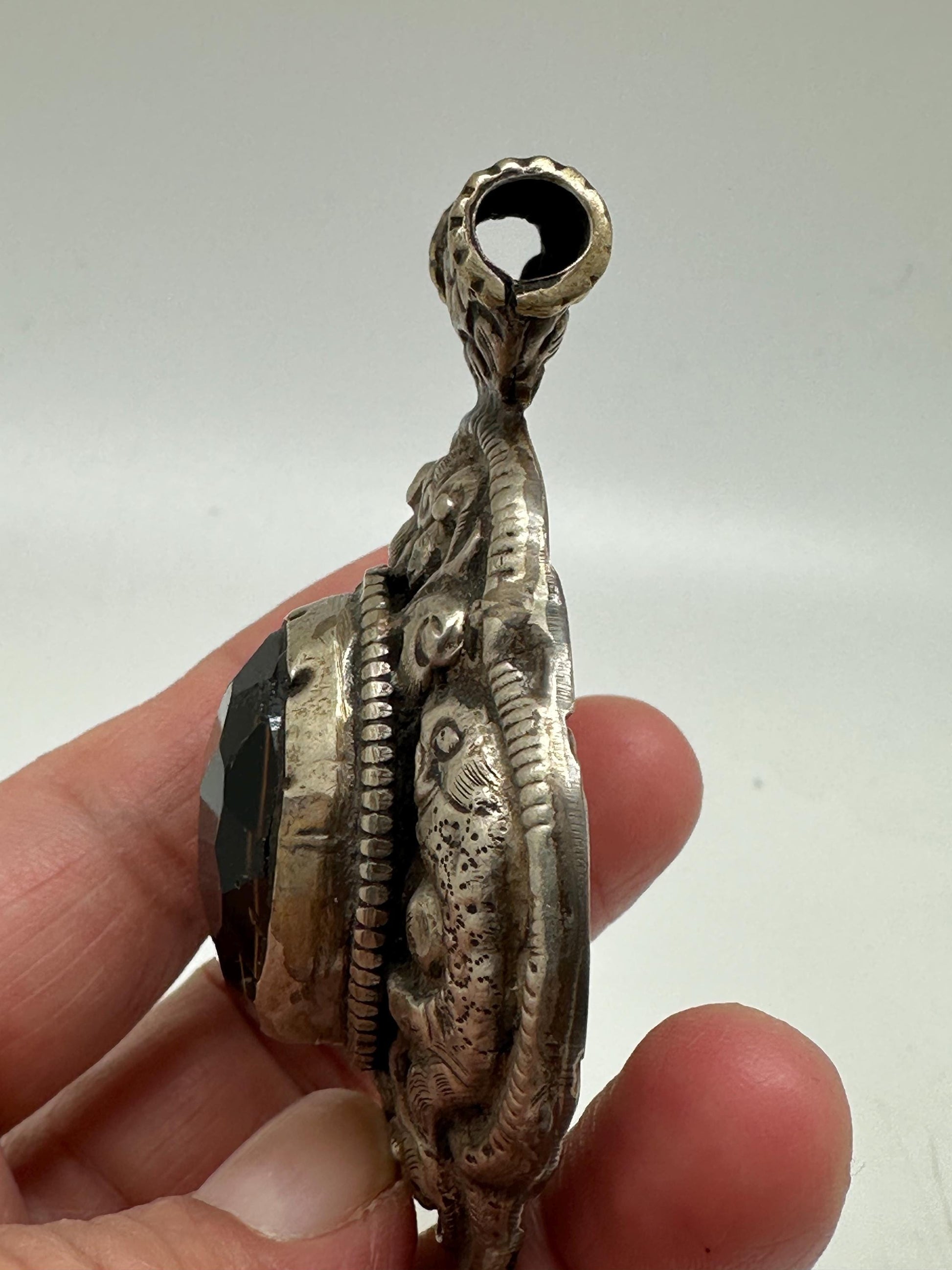 Large pendant,Black onyx, fish carved, handcrafted,Tibetan repousse silver, ethnic style,Nepalese 65mmX41mm